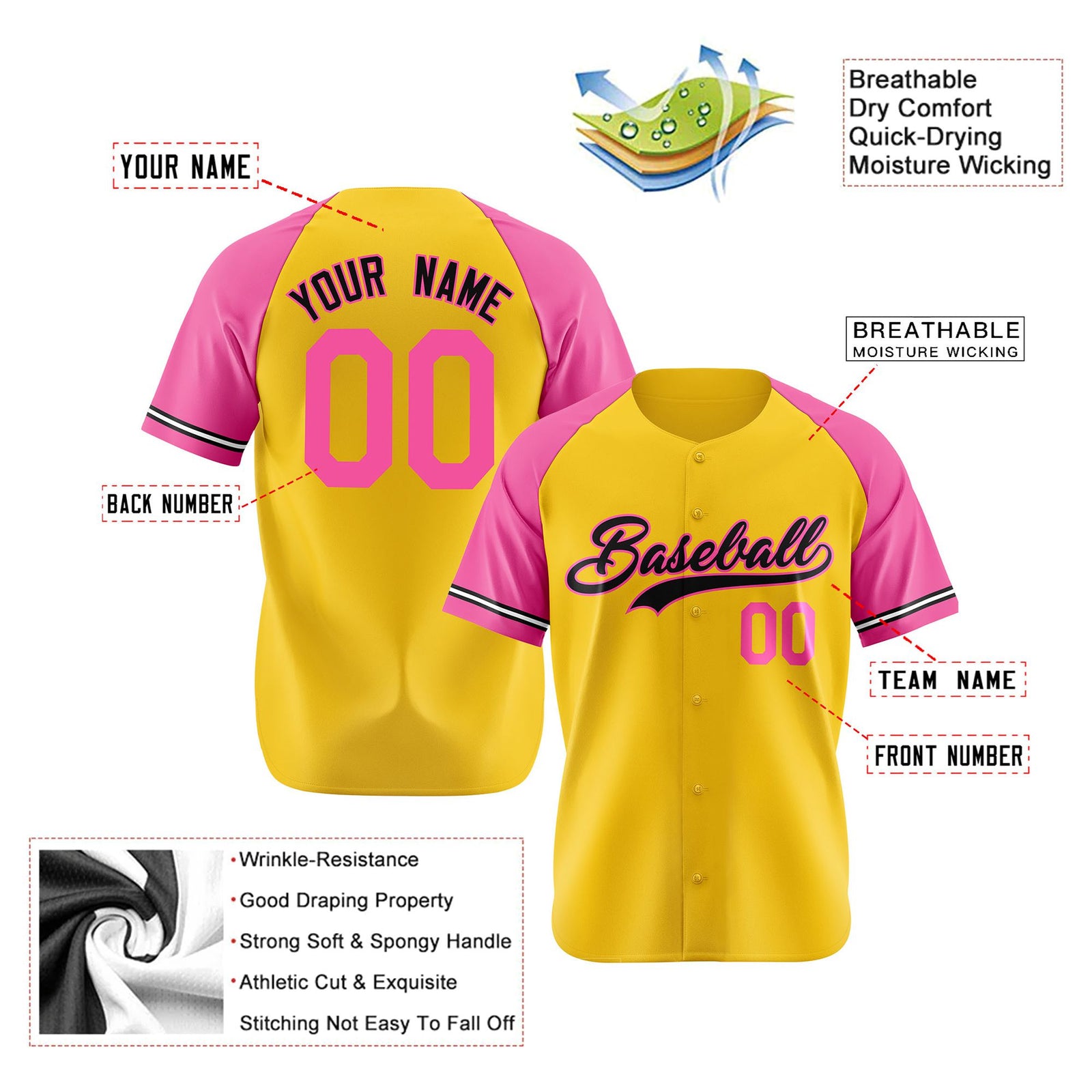 Custom Yellow Pink Authentic Raglan Sleeves Baseball Jersey
