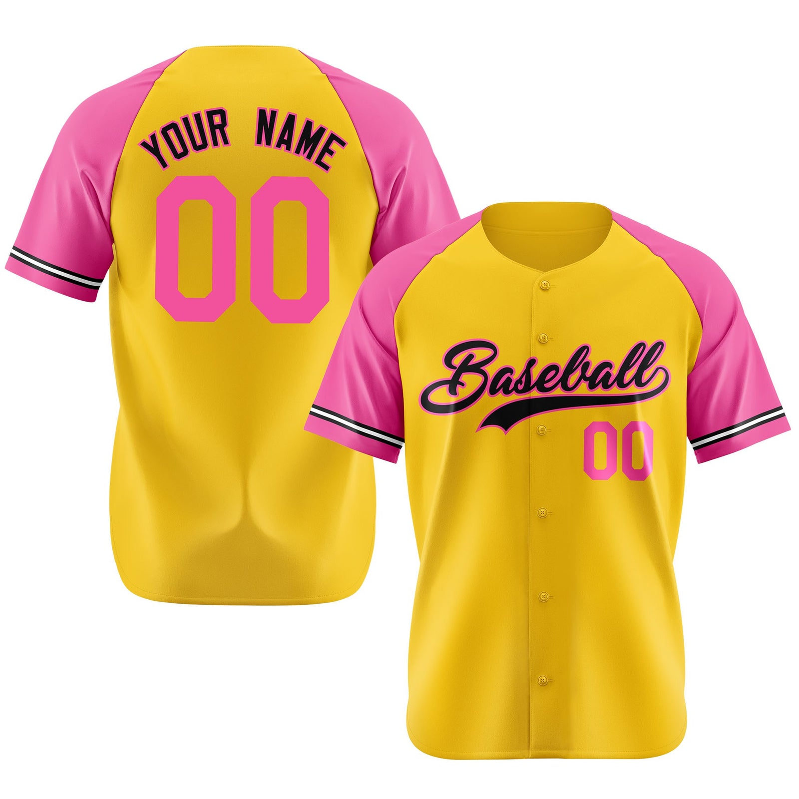 Custom Yellow Pink Authentic Raglan Sleeves Baseball Jersey
