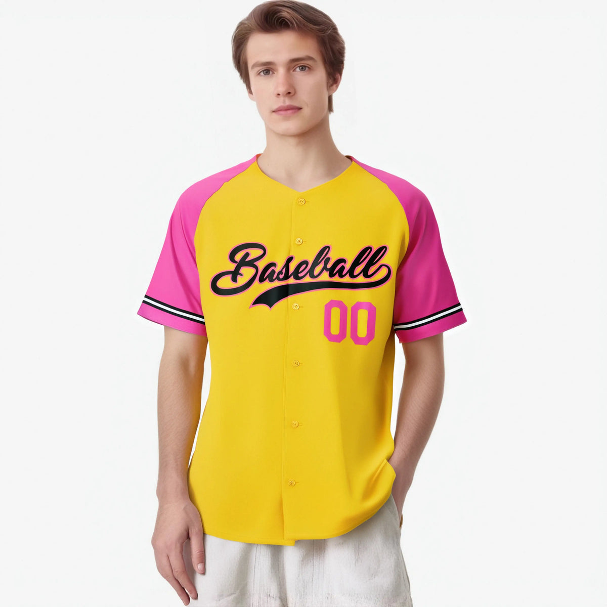 Custom Yellow Pink Authentic Raglan Sleeves Baseball Jersey