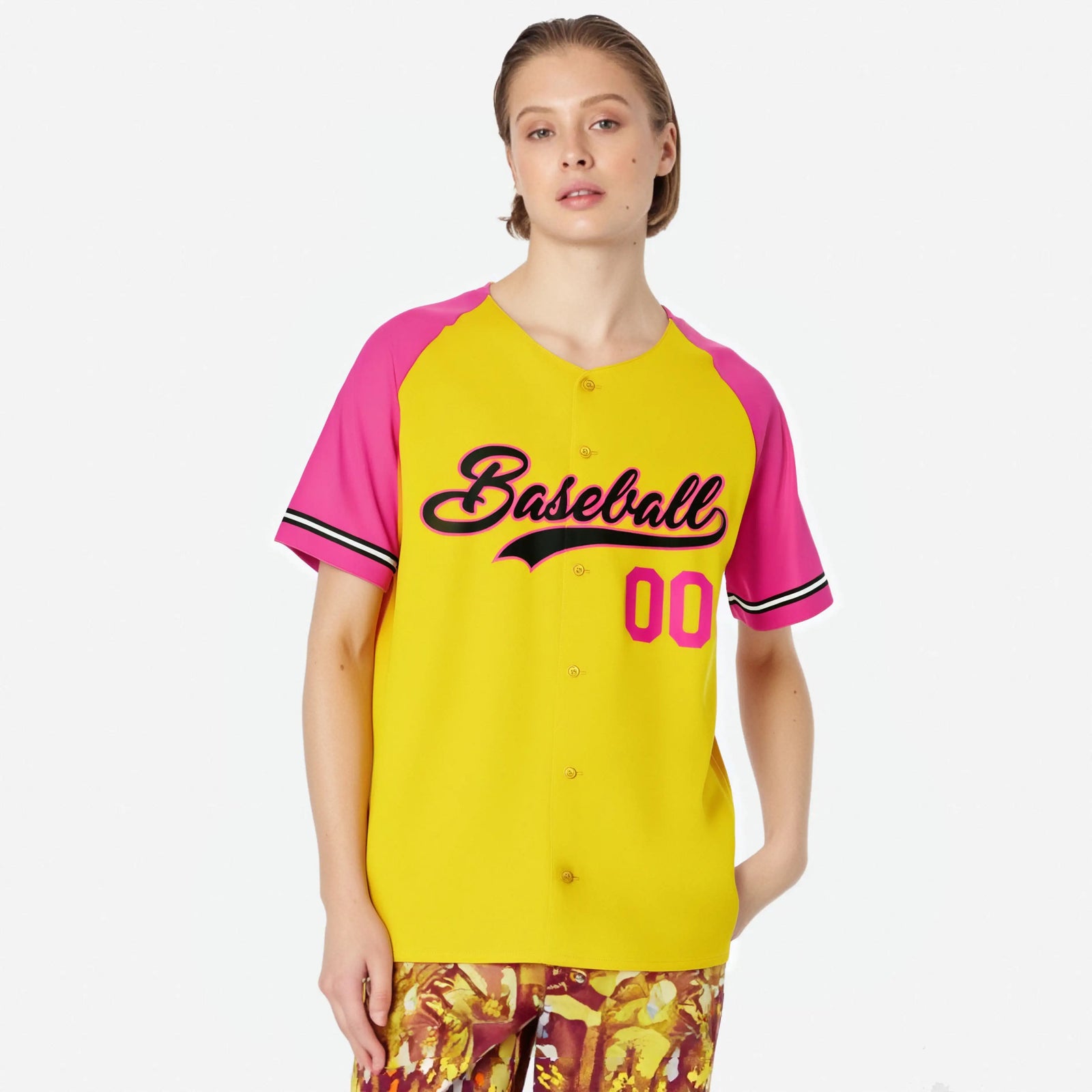 Custom Yellow Pink Authentic Raglan Sleeves Baseball Jersey