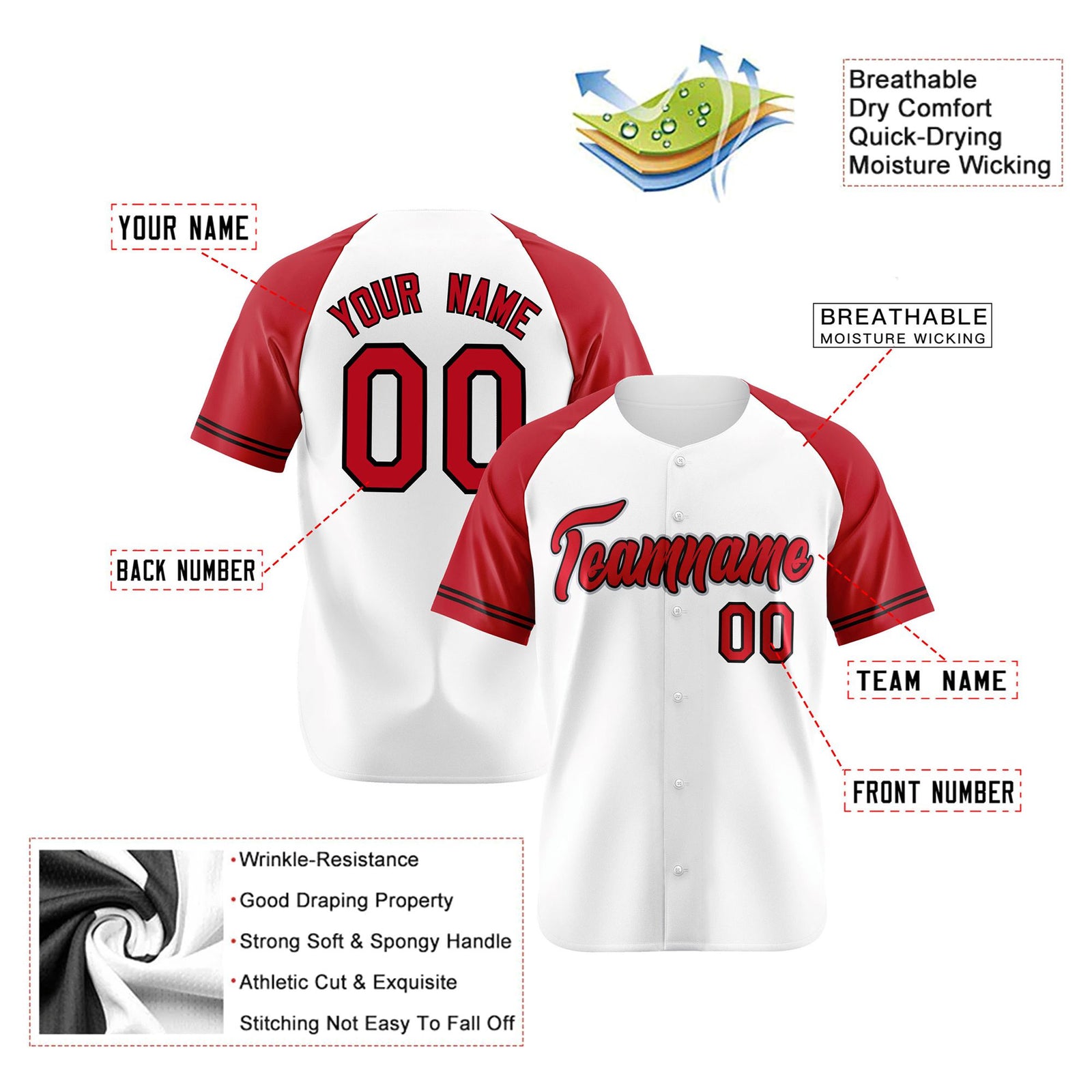 Custom White Red Authentic Raglan Sleeves Baseball Jersey