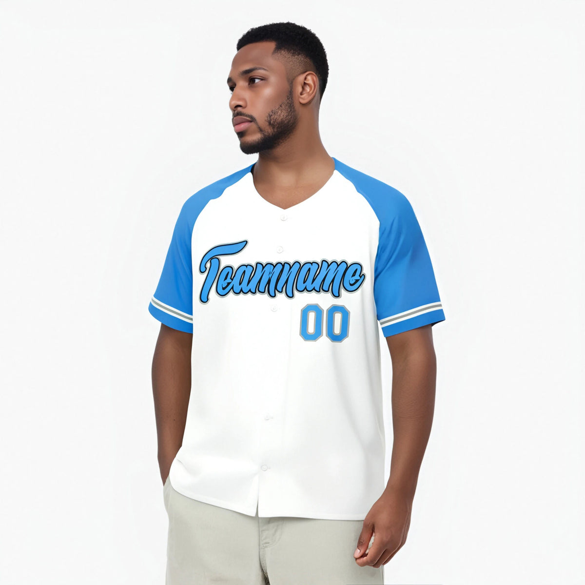 Custom White Light-Blue Authentic Raglan Sleeves Baseball Jersey