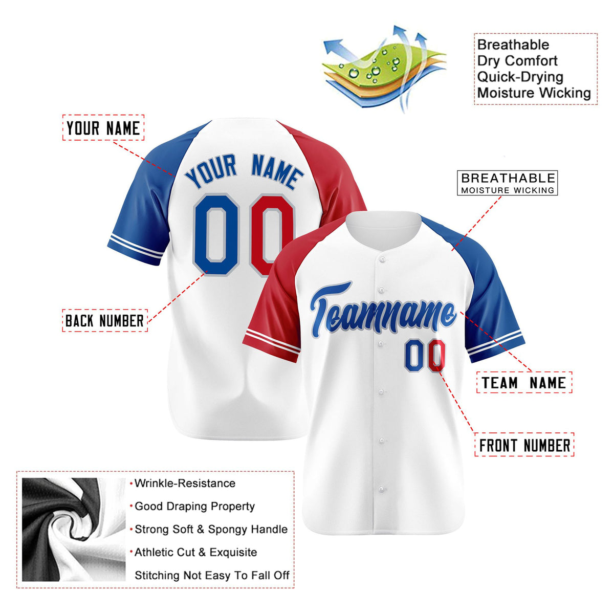Custom White Red-Blue Authentic Raglan Sleeves Baseball Jersey