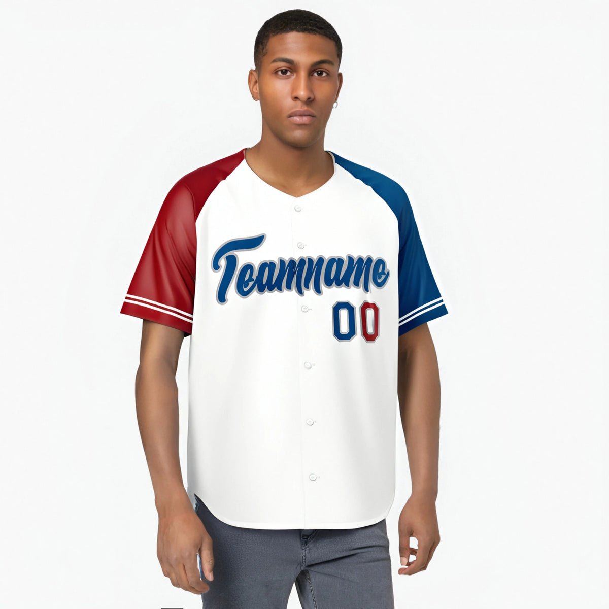 Custom White Red-Blue Authentic Raglan Sleeves Baseball Jersey