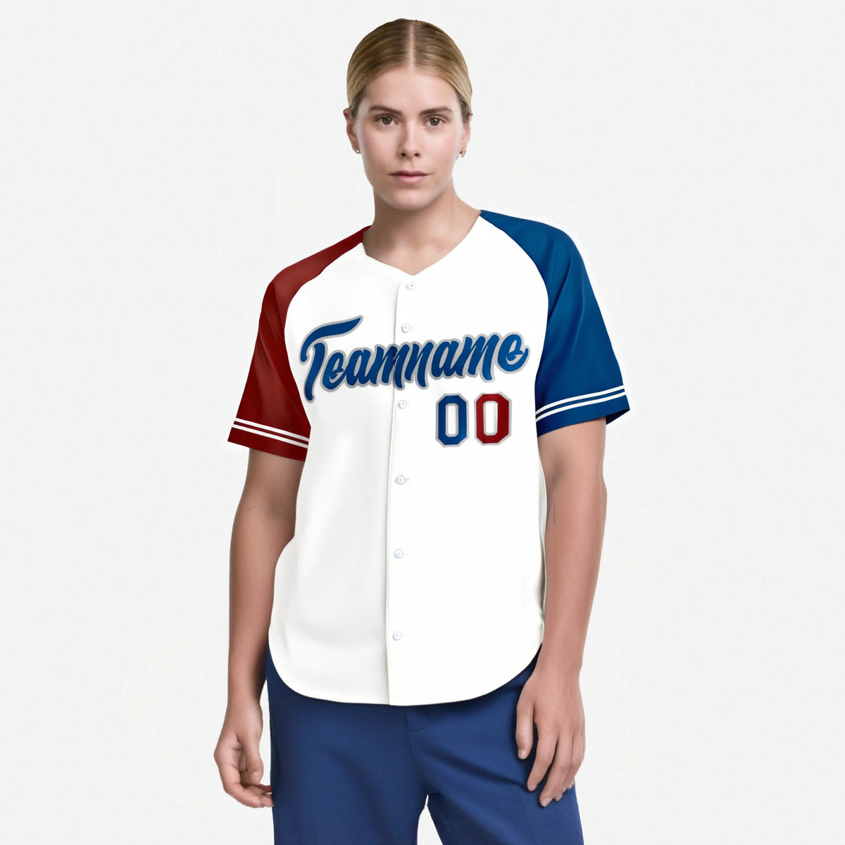 Custom White Red-Blue Authentic Raglan Sleeves Baseball Jersey