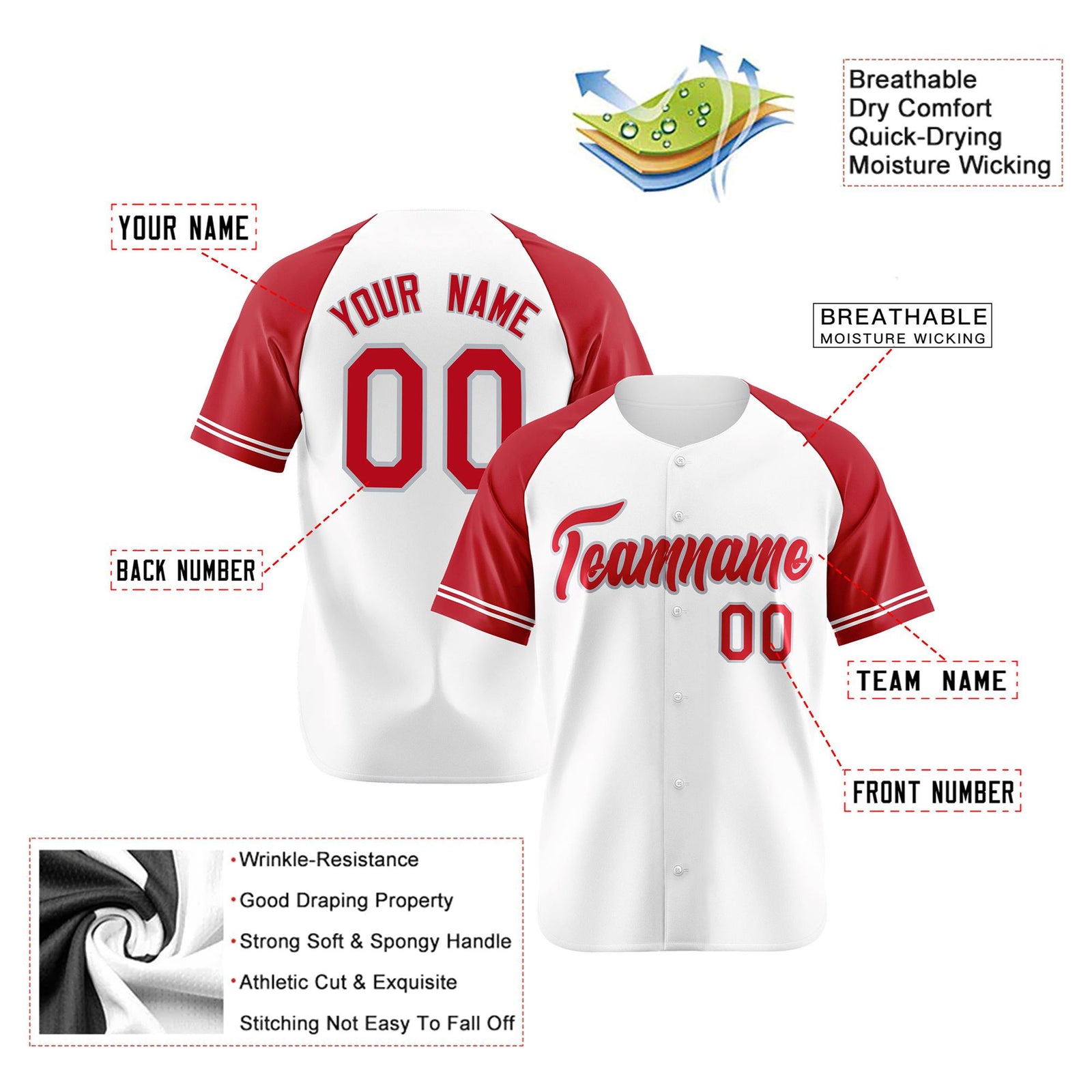 Custom White Red Authentic Raglan Sleeves Baseball Jersey