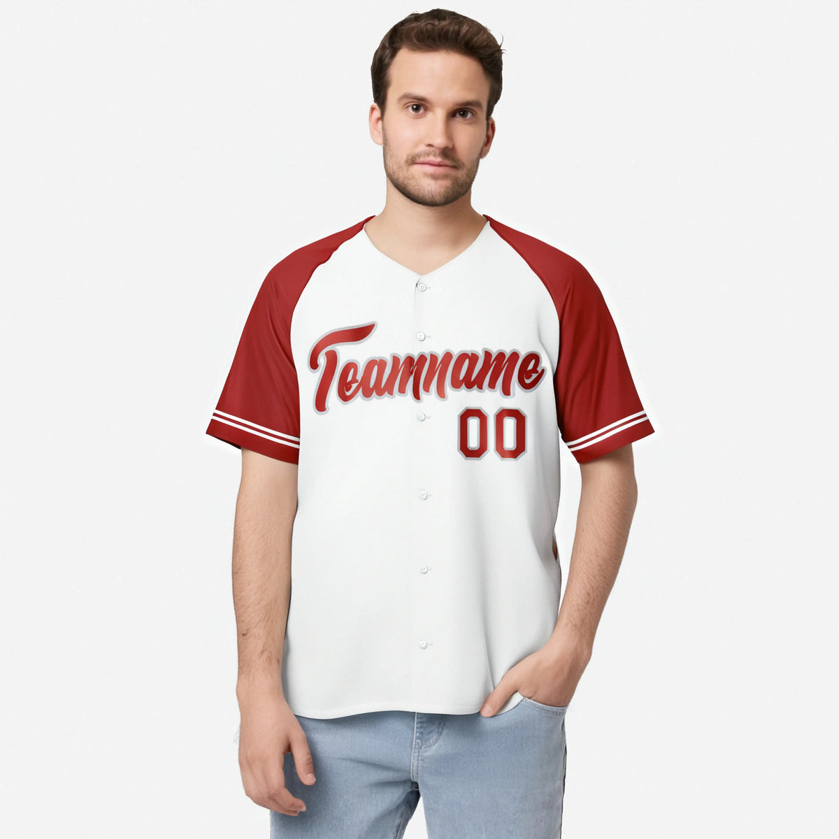 Custom White Red Authentic Raglan Sleeves Baseball Jersey