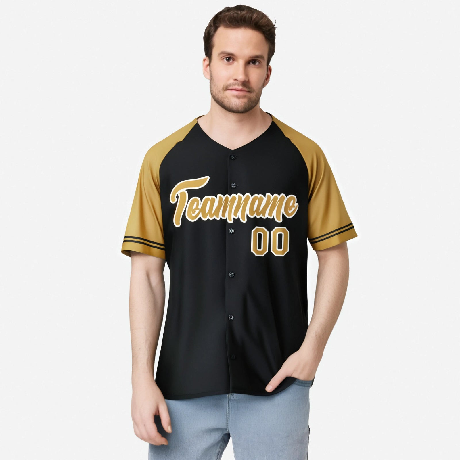 Custom Black Gold Authentic Raglan Sleeves Baseball Jersey