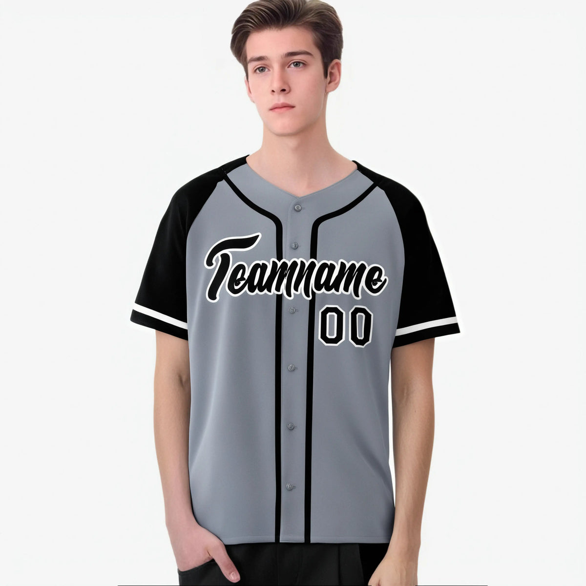 Custom Gray Black Authentic Raglan Sleeves Baseball Jersey