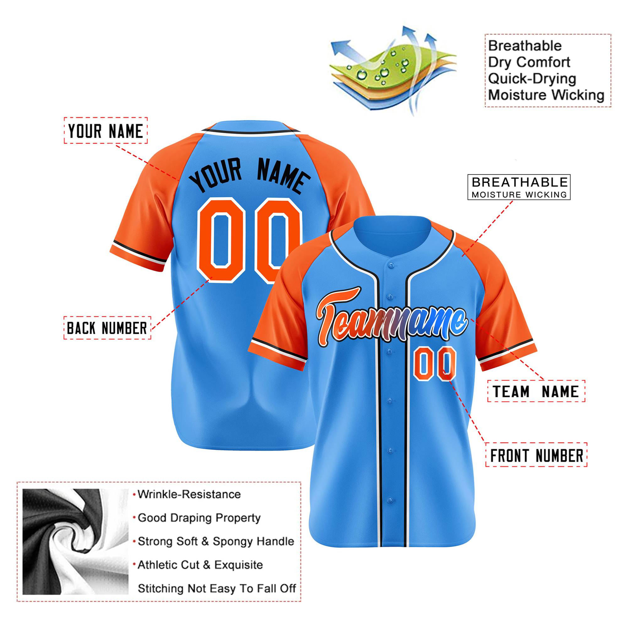 Custom Powder Blue Orange Authentic Raglan Sleeves Baseball Jersey