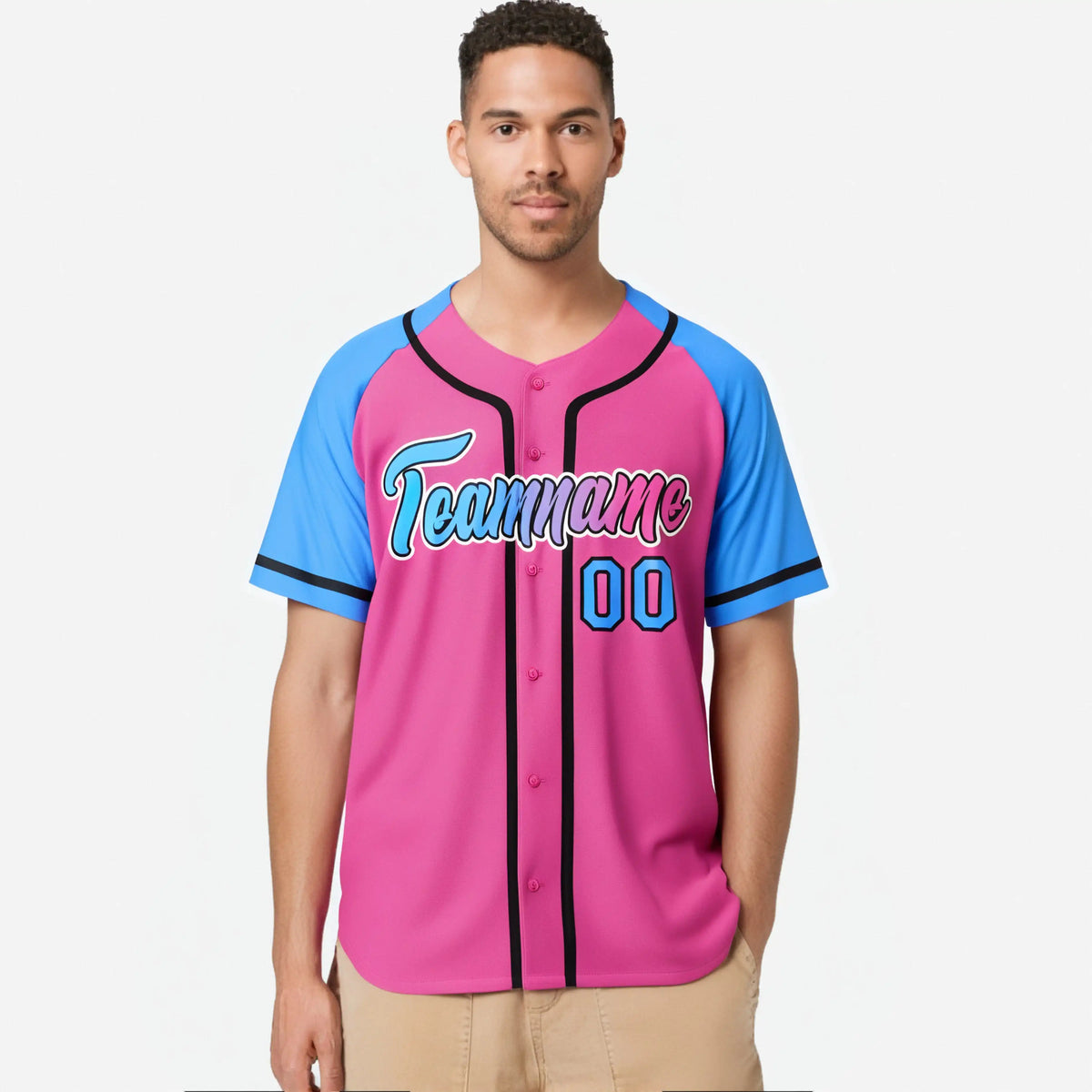 Custom Pink Powder Blue Authentic Raglan Sleeves Baseball Jersey