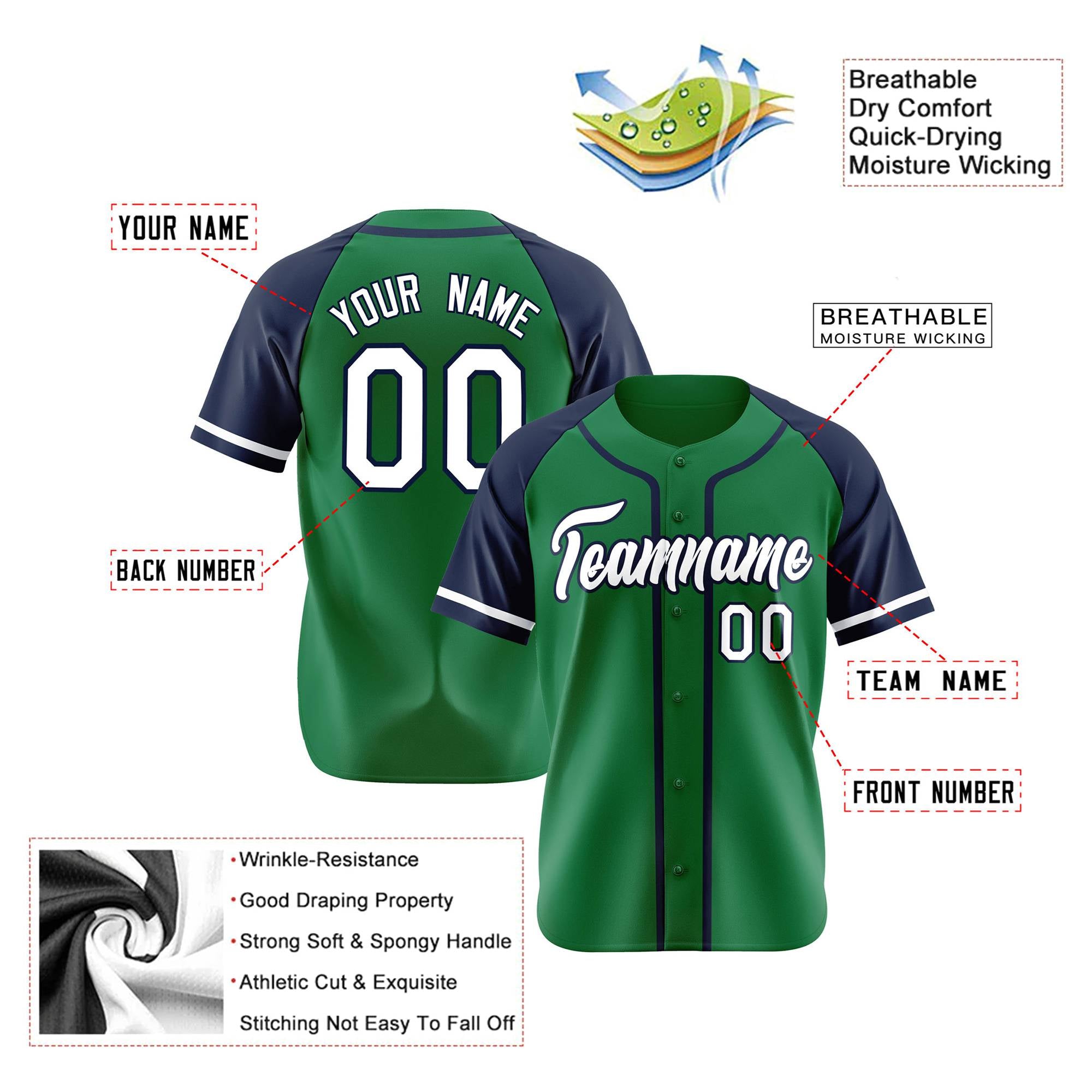 Custom Kelly Green Navy Authentic Raglan Sleeves Baseball Jersey