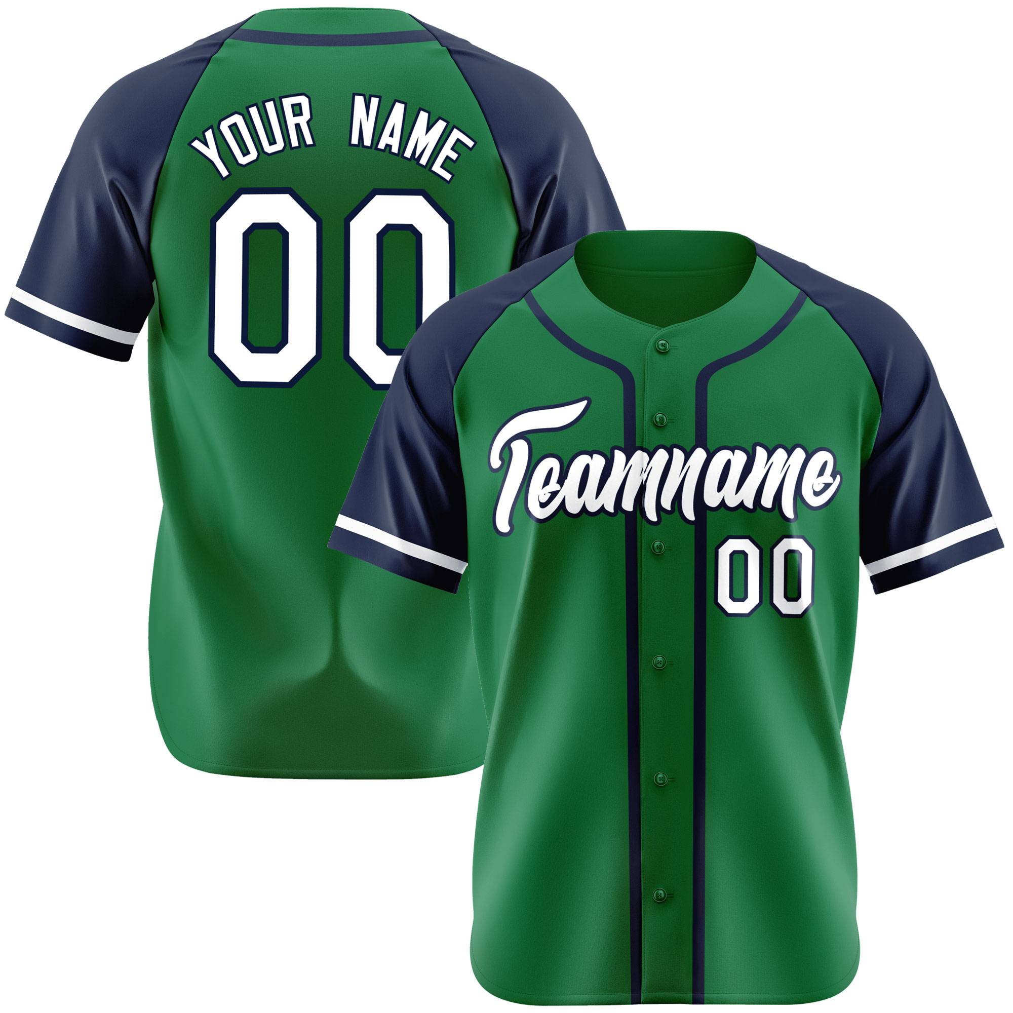 Custom Kelly Green Navy Authentic Raglan Sleeves Baseball Jersey