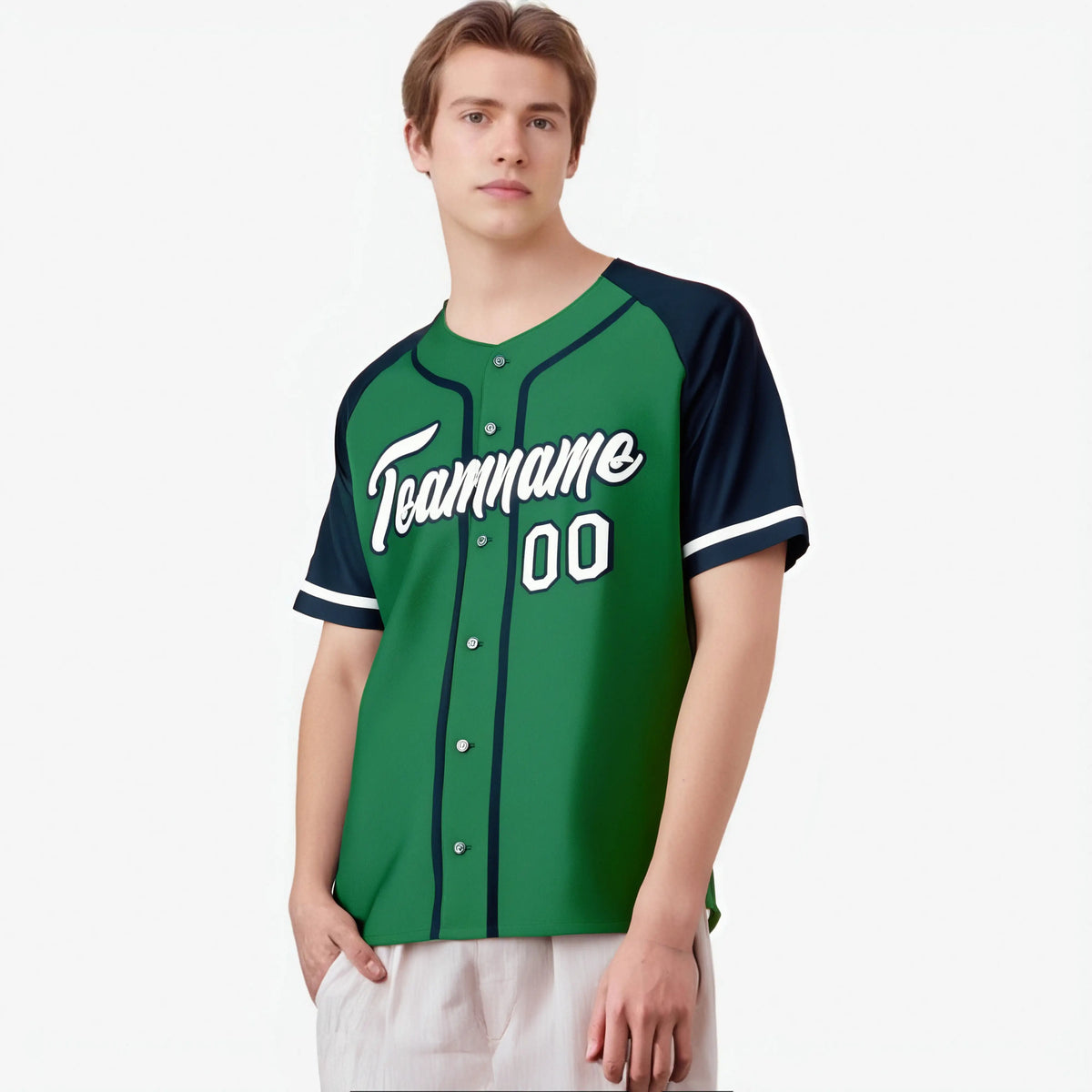 Custom Kelly Green Navy Authentic Raglan Sleeves Baseball Jersey