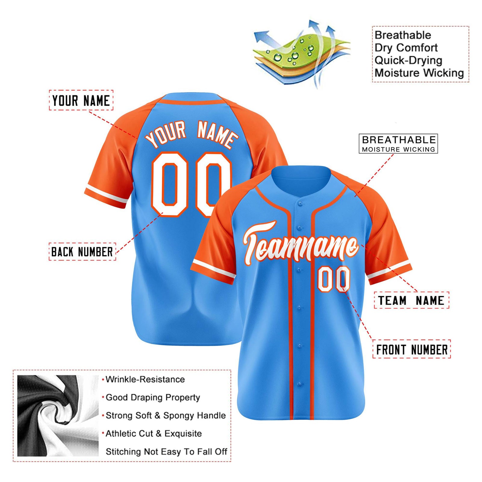 Custom Powder Blue Orange White Authentic Raglan Sleeves Baseball Jersey