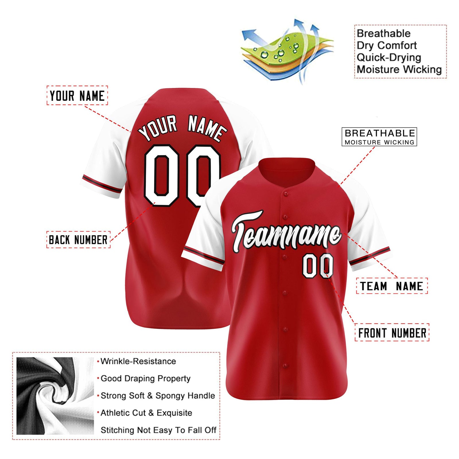 Custom Red White Authentic Raglan Sleeves Baseball Jersey