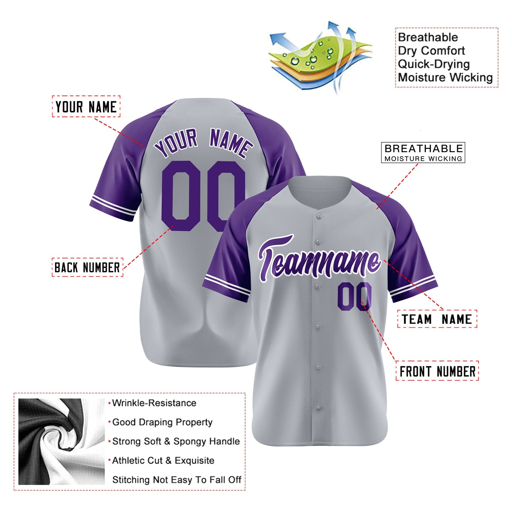 Custom Gray Purple Authentic Raglan Sleeves Baseball Jersey