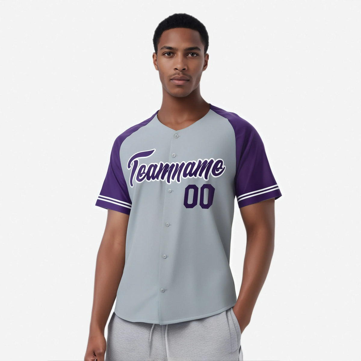 Custom Gray Purple Authentic Raglan Sleeves Baseball Jersey