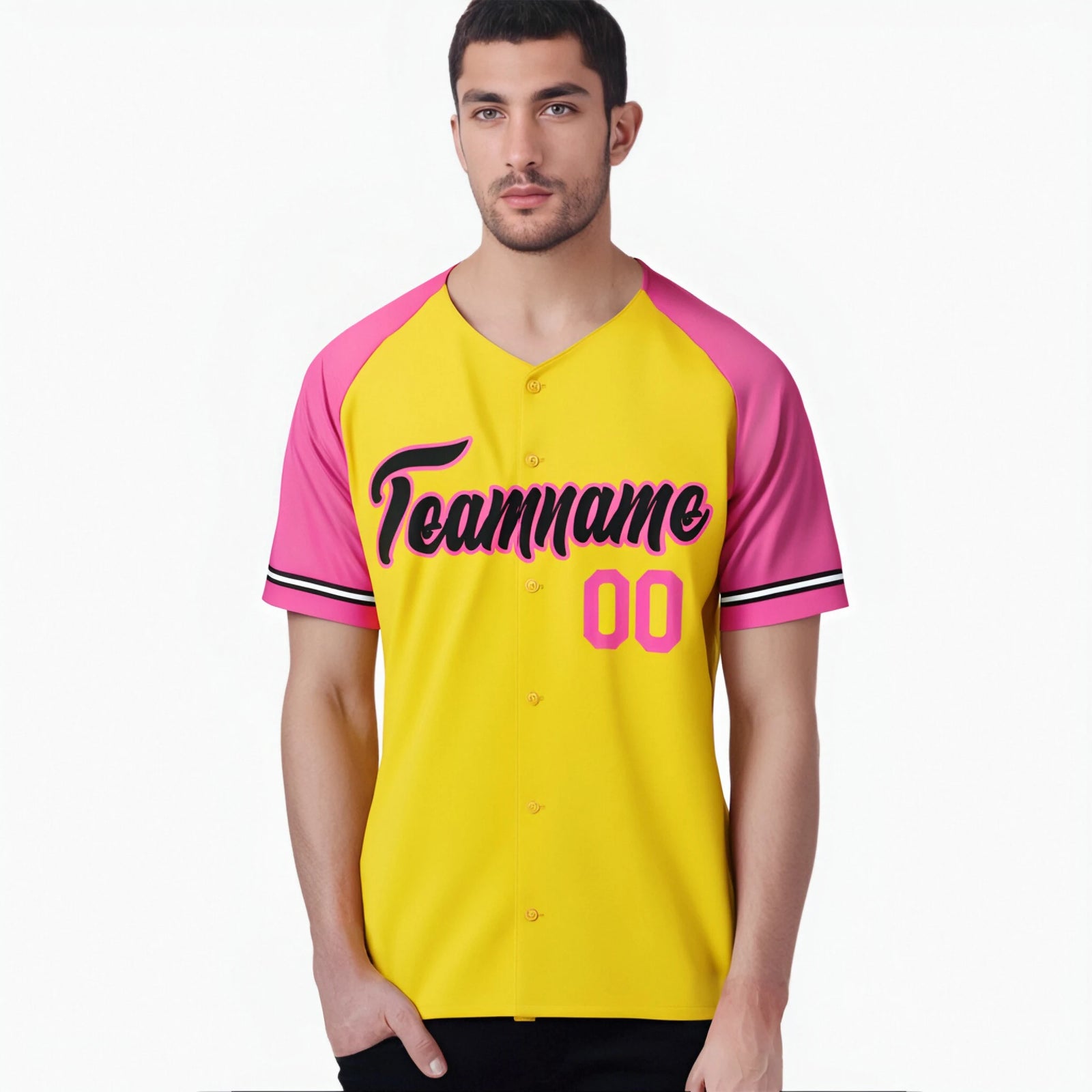 Custom Yellow Pink Authentic Raglan Sleeves Baseball Jersey