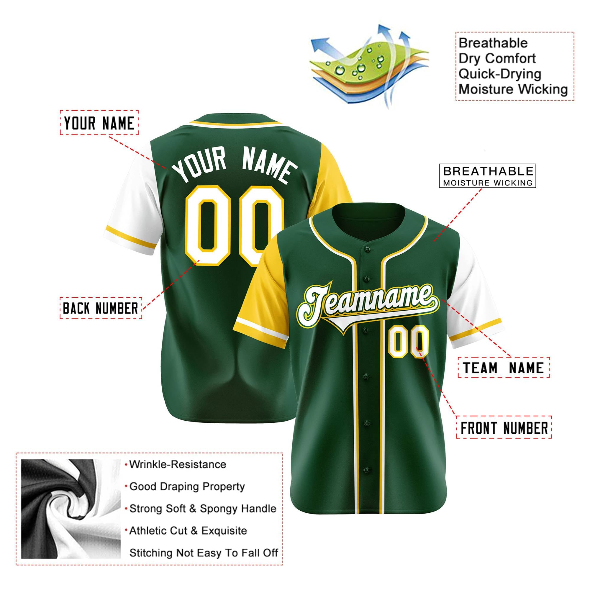 Custom Green Gold White Authentic Baseball Jersey