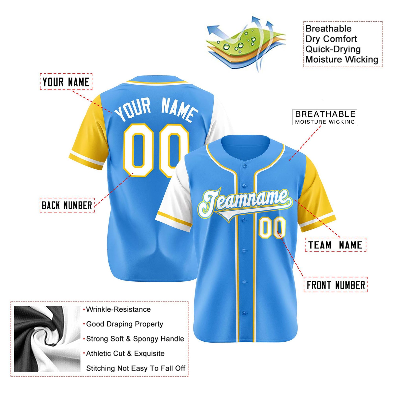 Custom Powder Blue White Gold Authentic Baseball Jersey