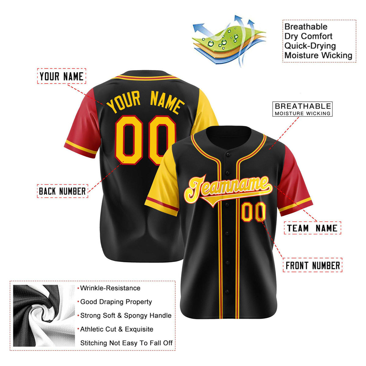 Custom Black Yellow Red Authentic Baseball Jersey