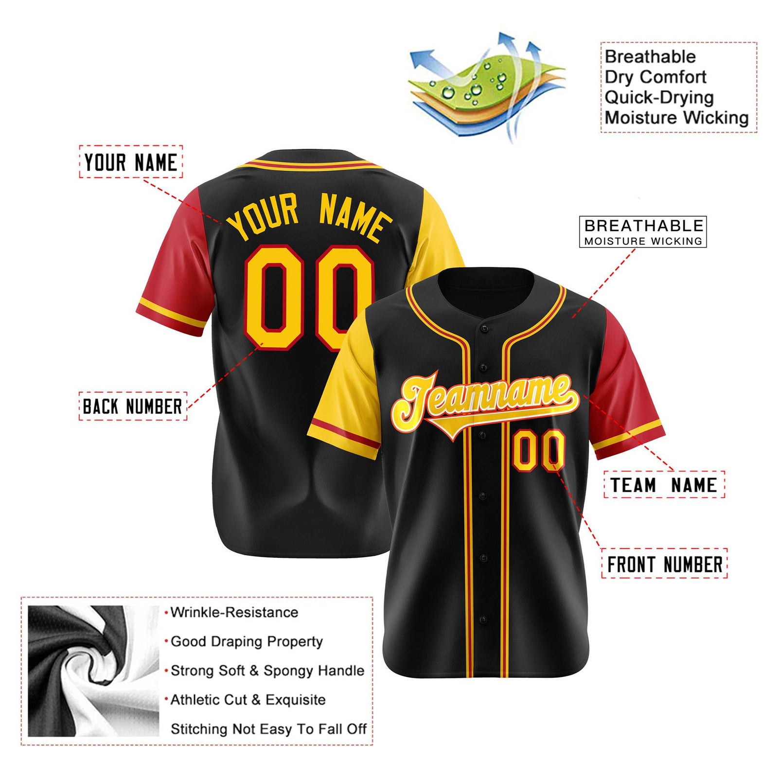 Custom Black Yellow Red Authentic Baseball Jersey
