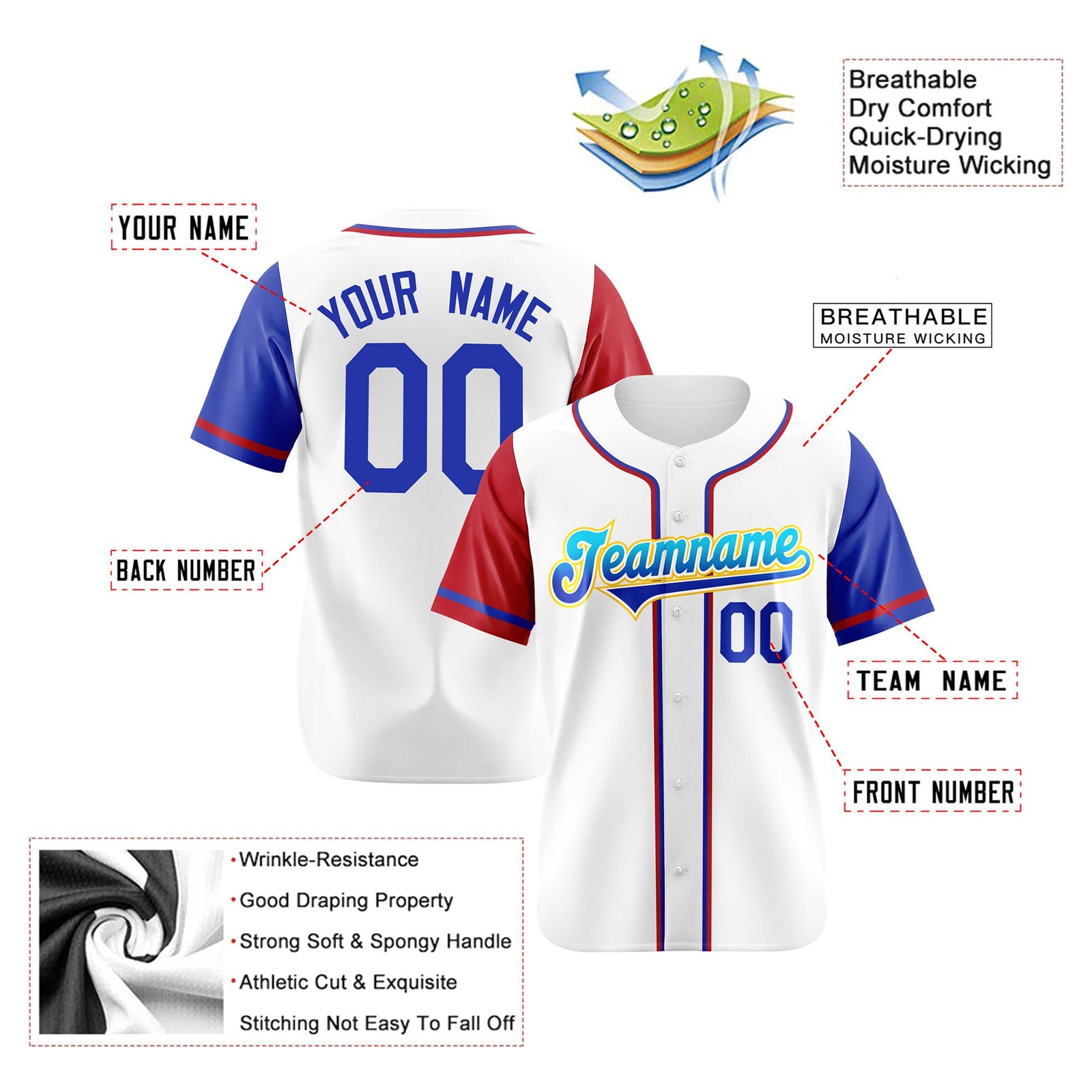 Custom White Red Royal Blue Authentic Baseball Jersey