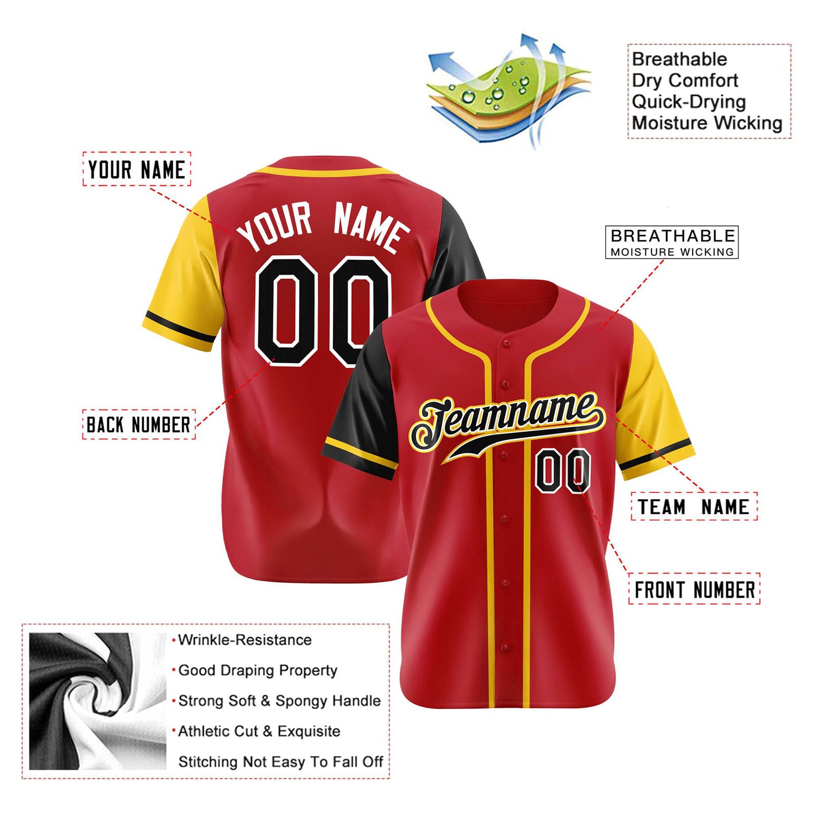 Custom Red Gold Black Yellow Authentic Baseball Jersey