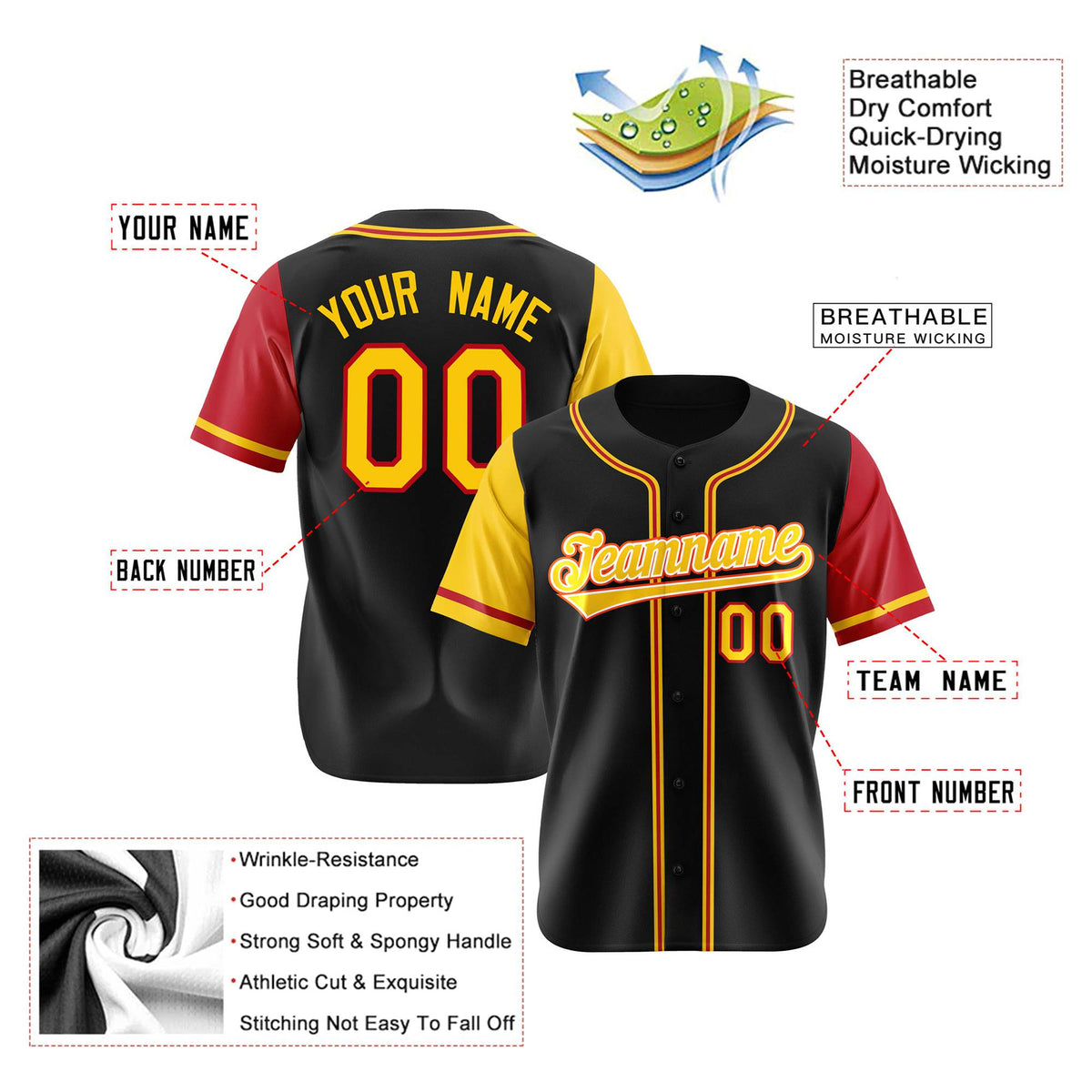 Custom Black Yellow Red Authentic Baseball Jersey