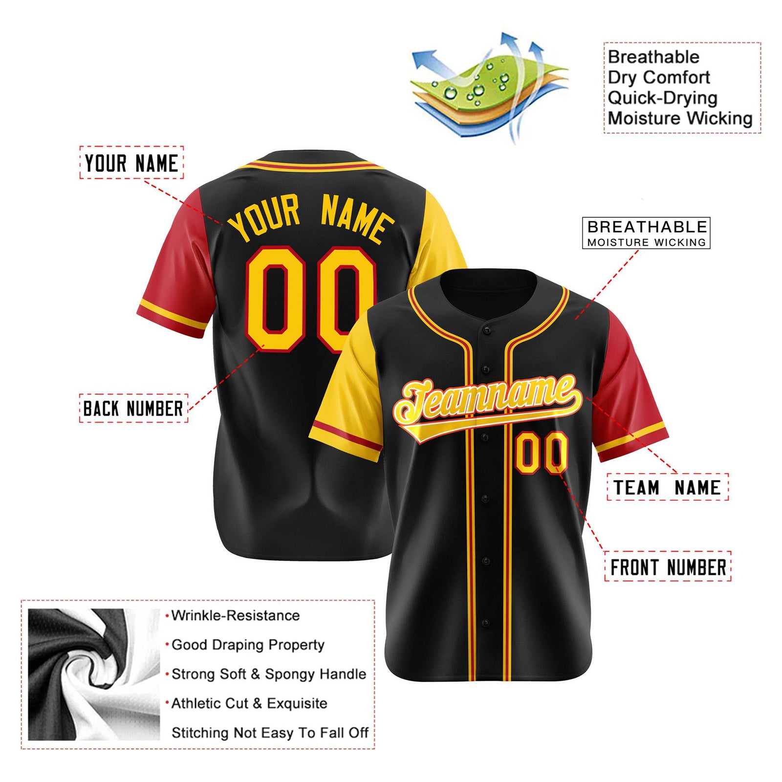 Custom Black Yellow Red Authentic Baseball Jersey
