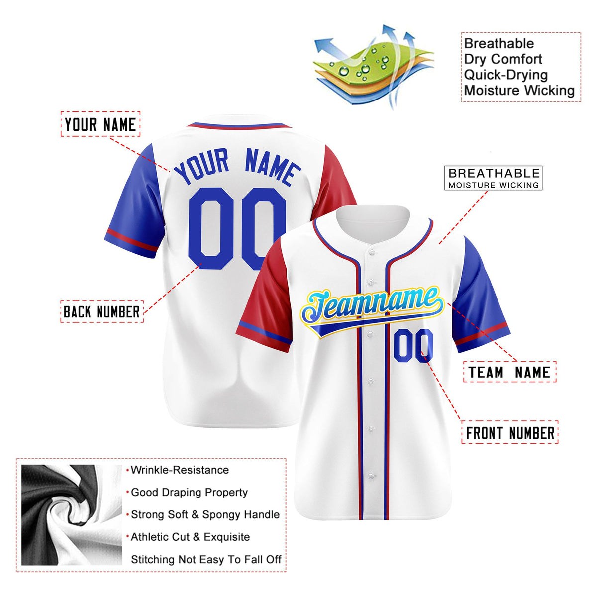 Custom White Red Royal Blue Authentic Baseball Jersey