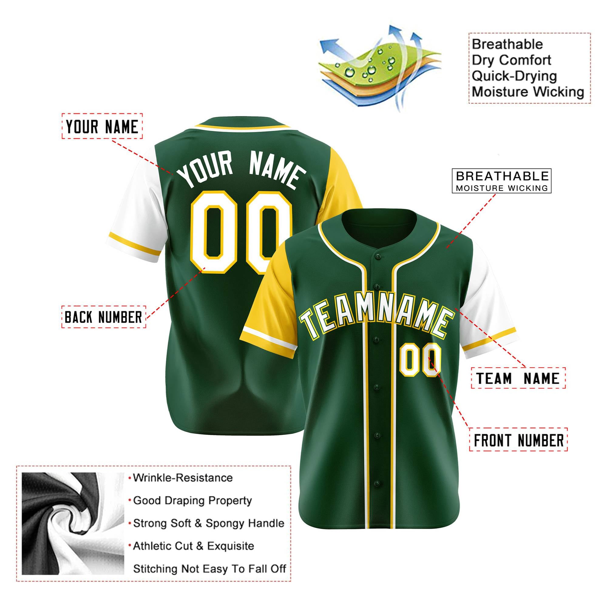 Custom Green Gold White Authentic Baseball Jersey