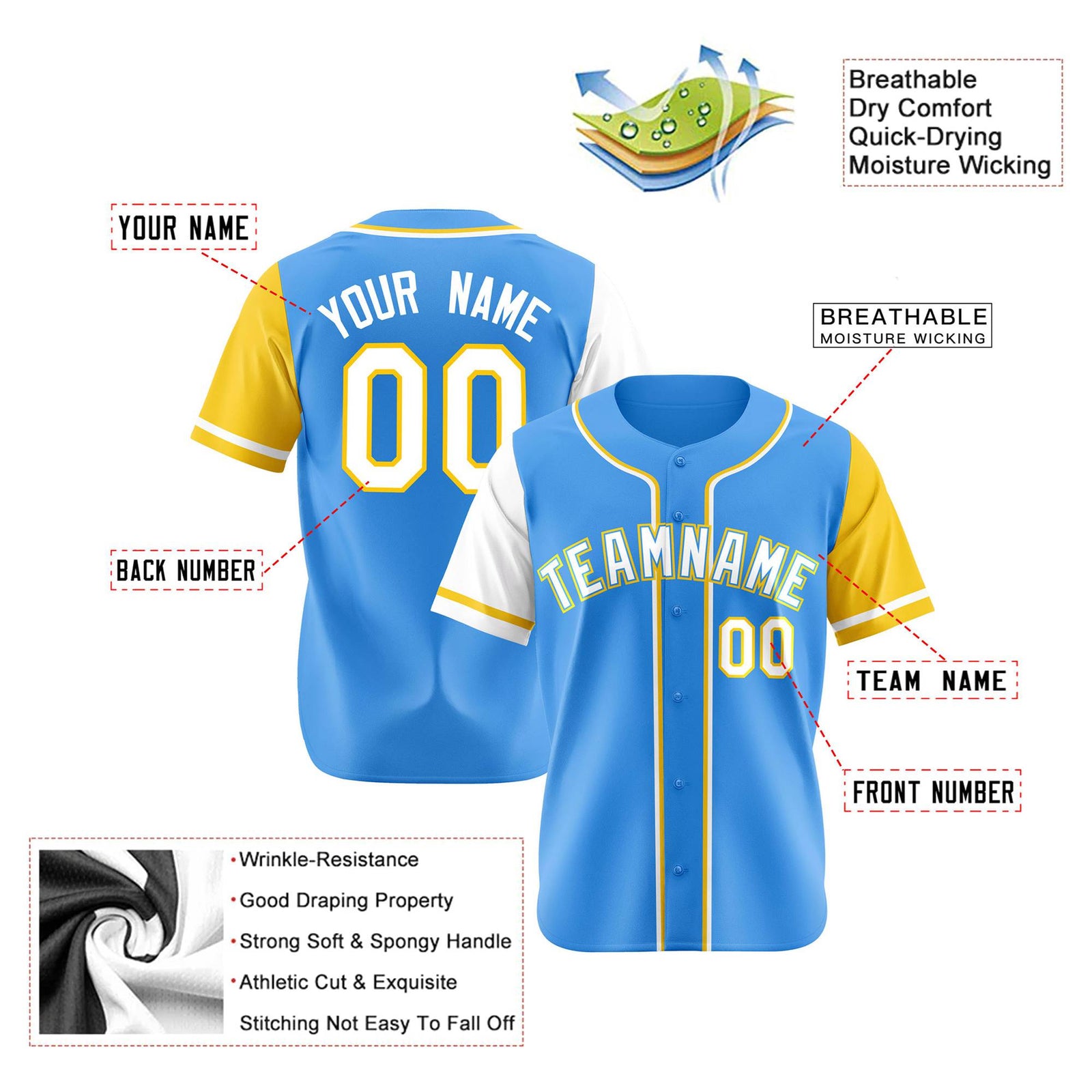 Custom Powder Blue White Gold Authentic Baseball Jersey