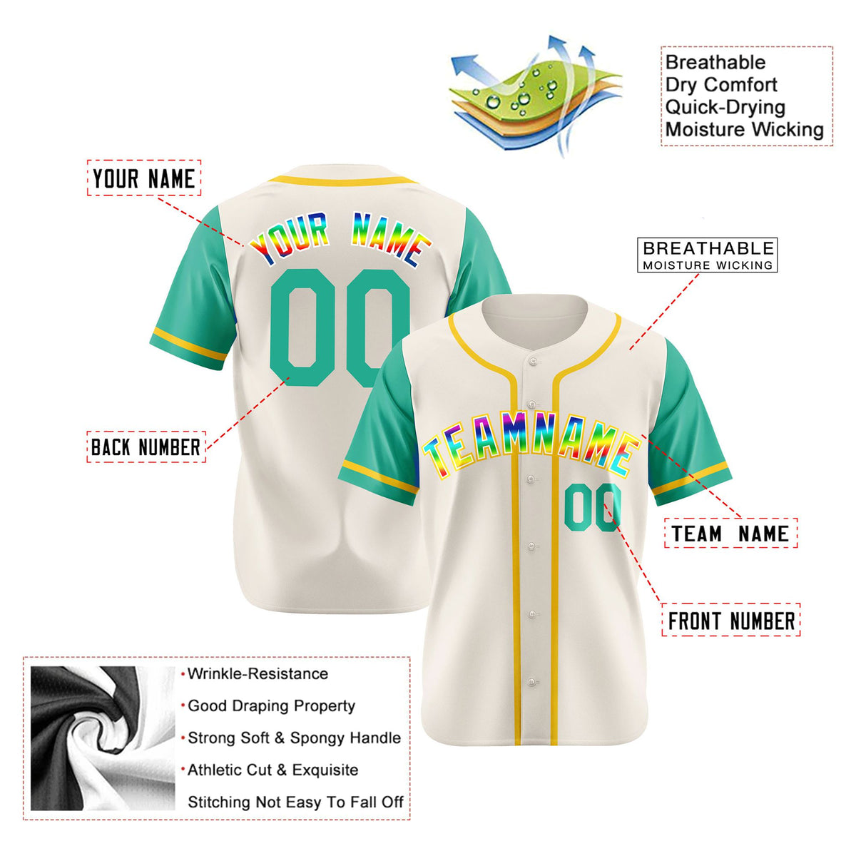 Custom Cream Teal Gold Authentic Baseball Jersey