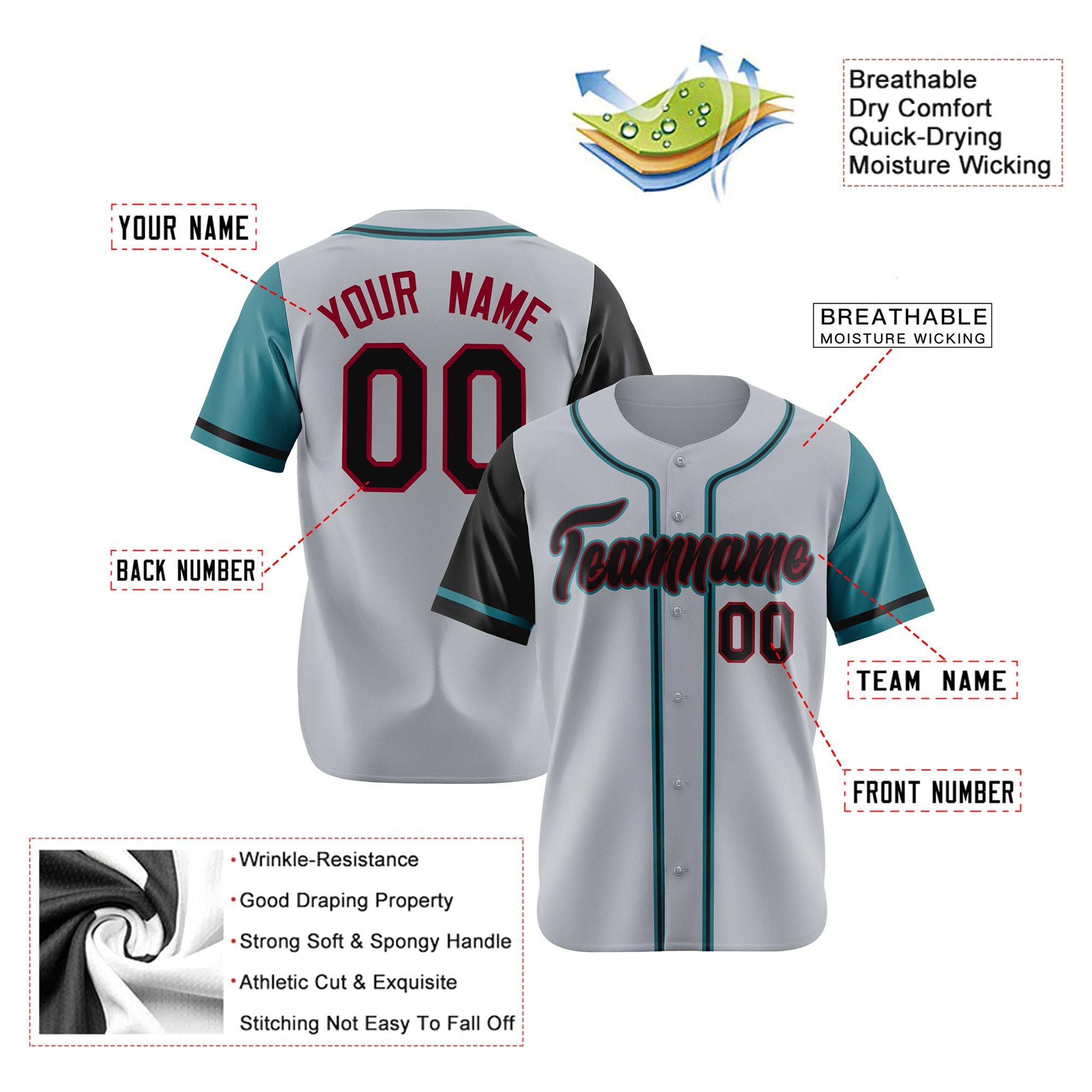 Custom Gray Black Aqua Authentic Baseball Jersey