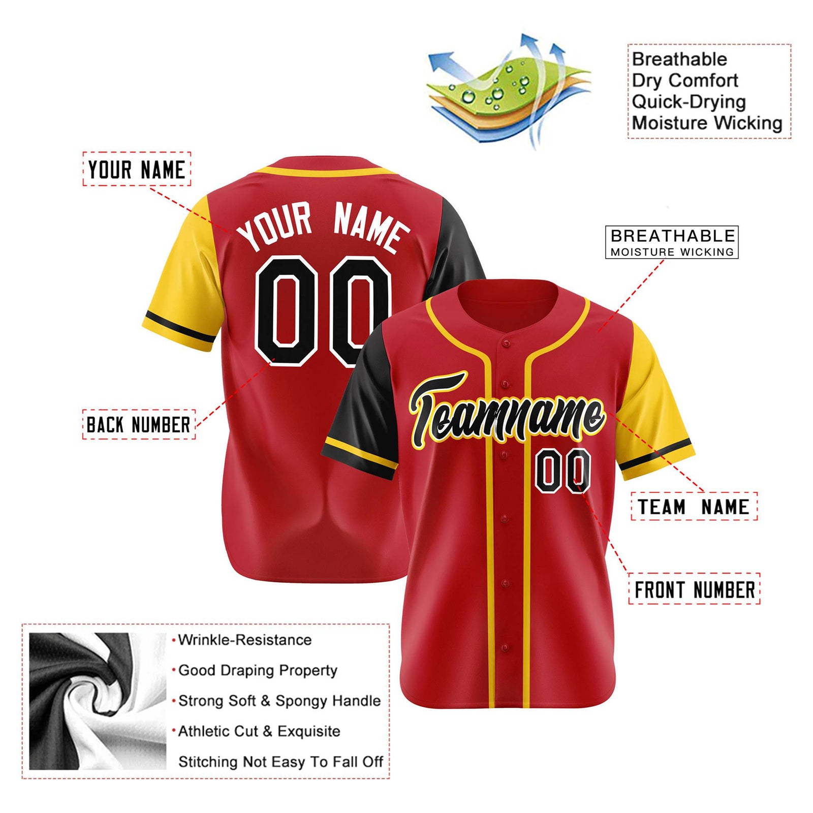 Custom Red Gold Black Yellow Authentic Baseball Jersey