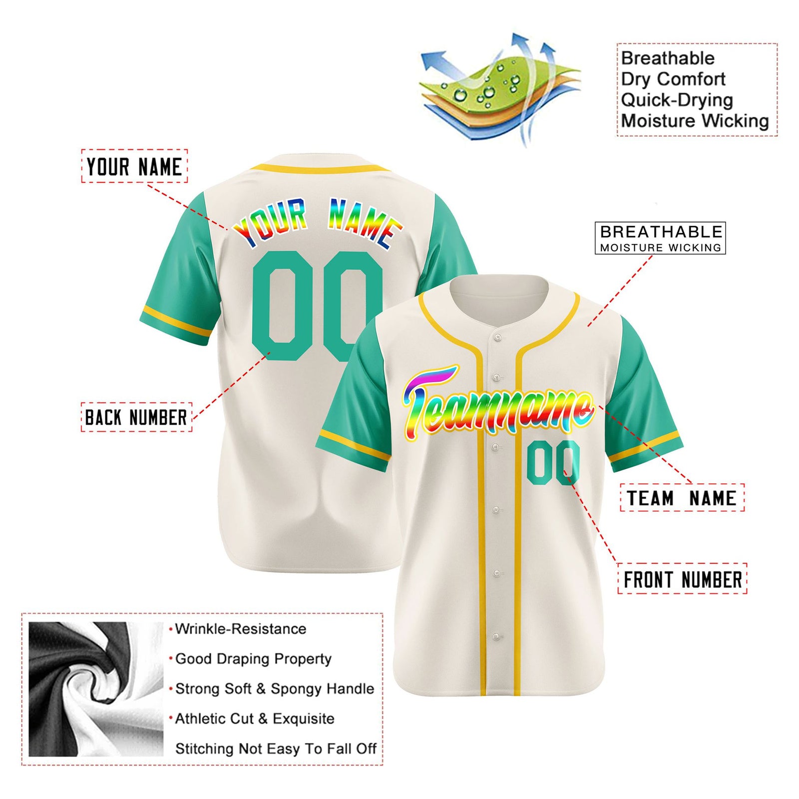 Custom Cream Teal Gold Authentic Baseball Jersey