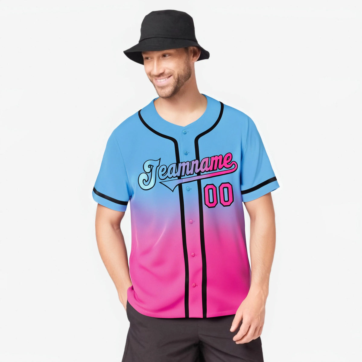 Custom Light Blue Pink-Black Authentic Fade Fashion Baseball Jersey