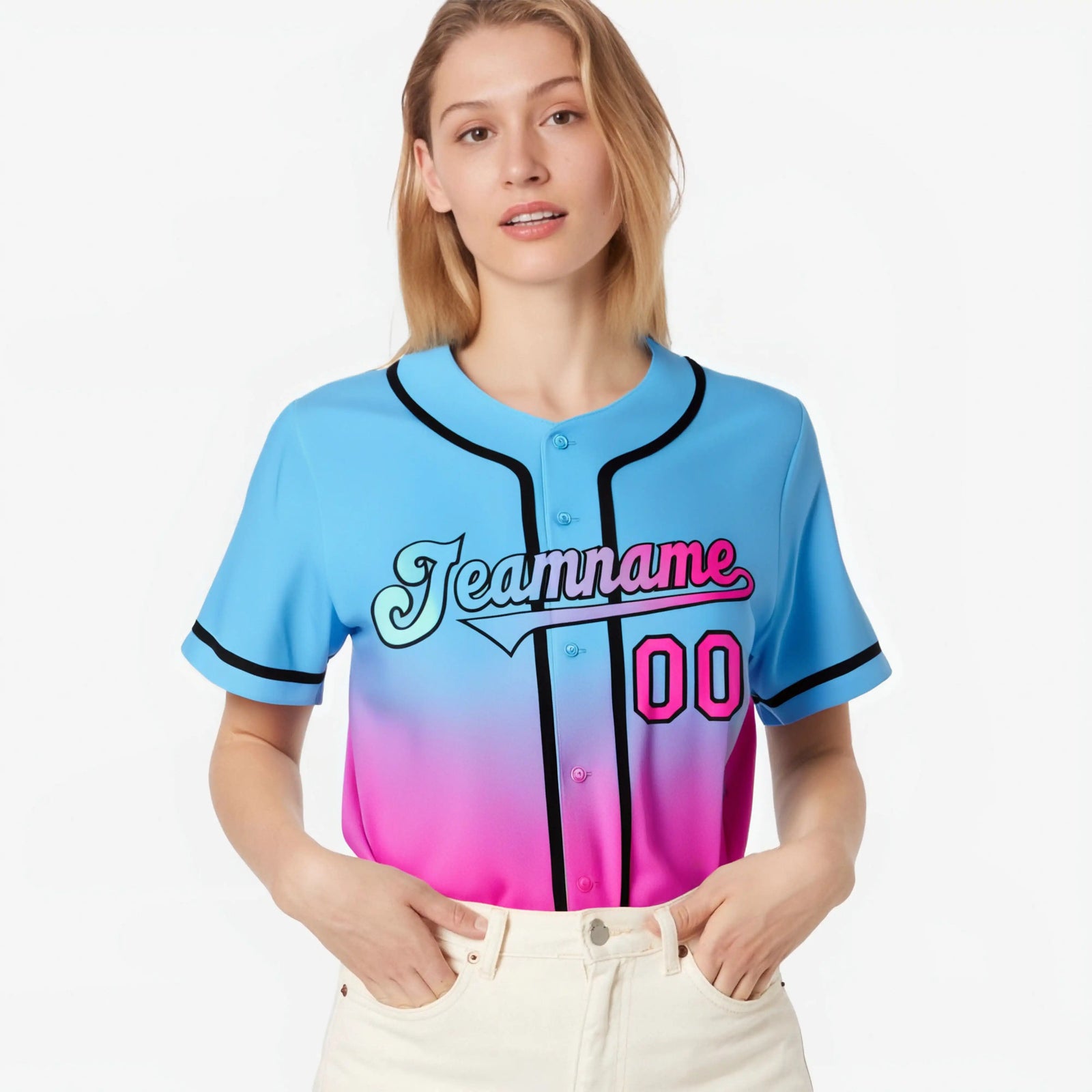 Custom Light Blue Pink-Black Authentic Fade Fashion Baseball Jersey