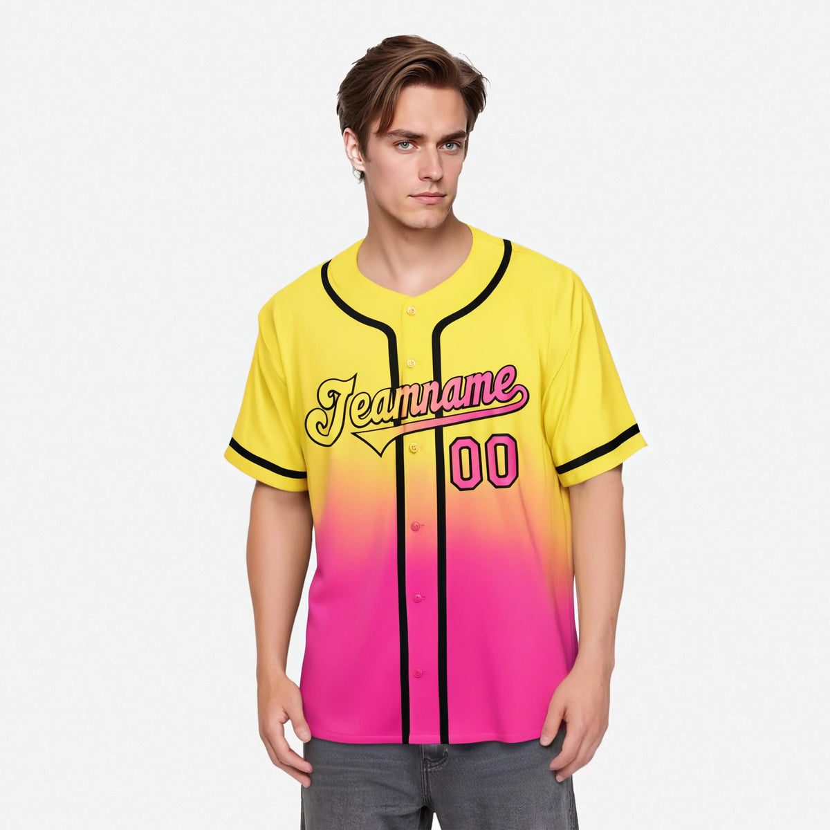 Custom Yellow Pink-Black Authentic Fade Fashion Baseball Jersey