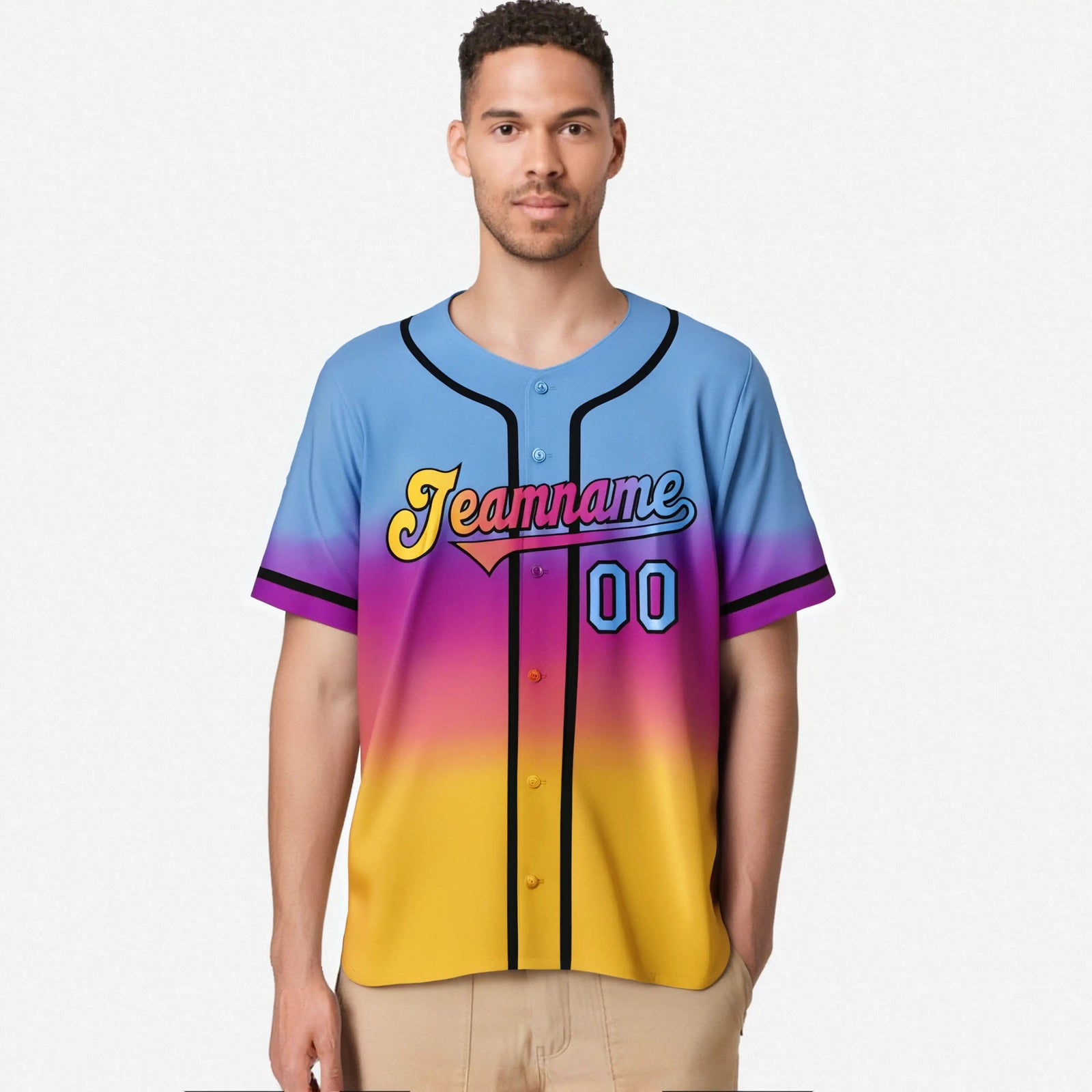 Custom Light Blue Pink-Yellow Black Authentic Fade Fashion Baseball Jersey