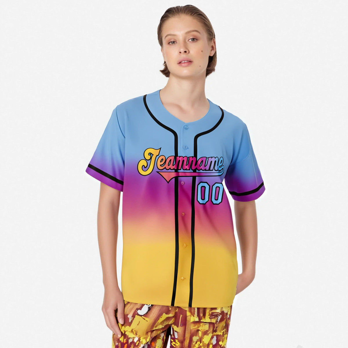 Custom Light Blue Pink-Yellow Black Authentic Fade Fashion Baseball Jersey