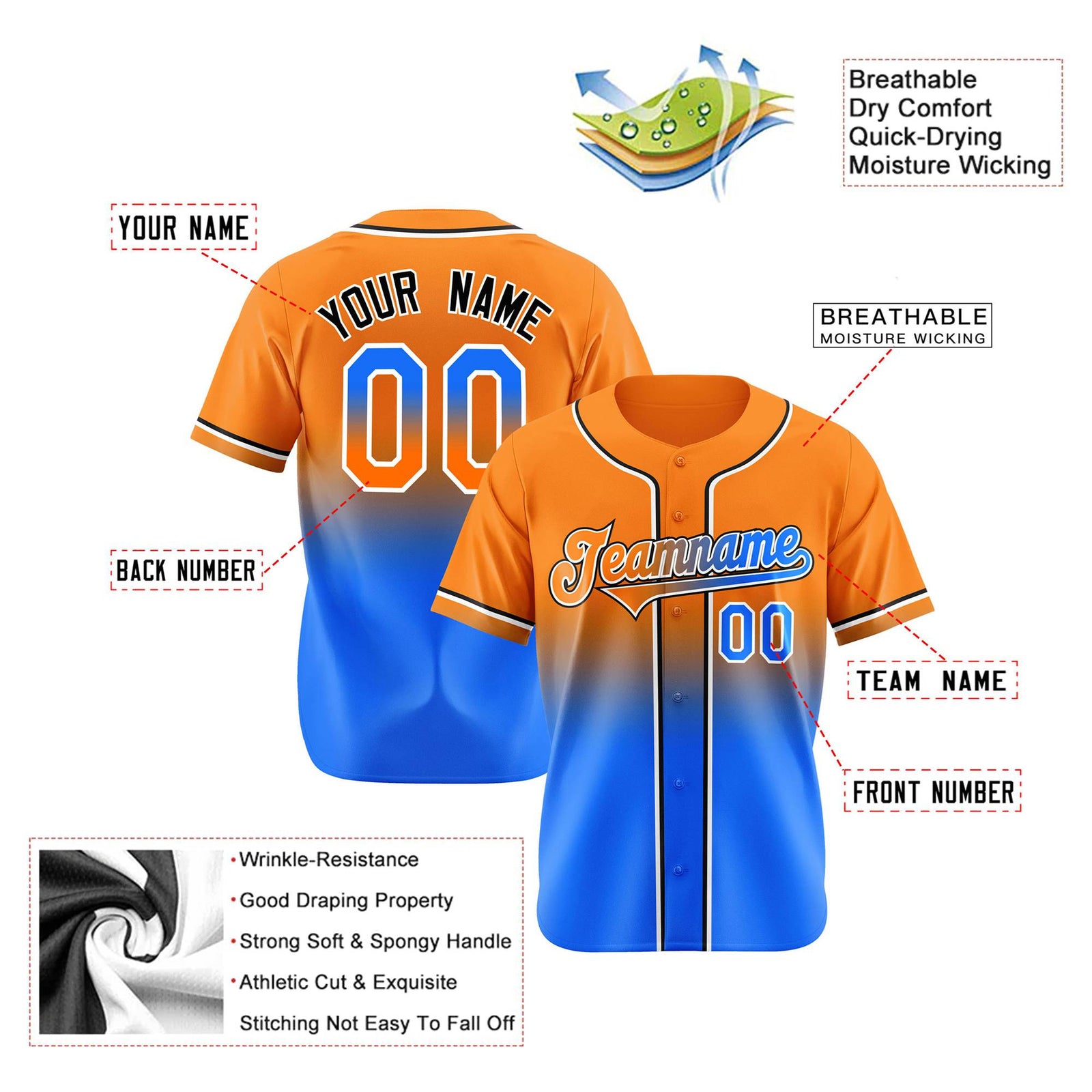Custom Orange Sky Blue Black Authentic Fade Fashion Baseball Jersey