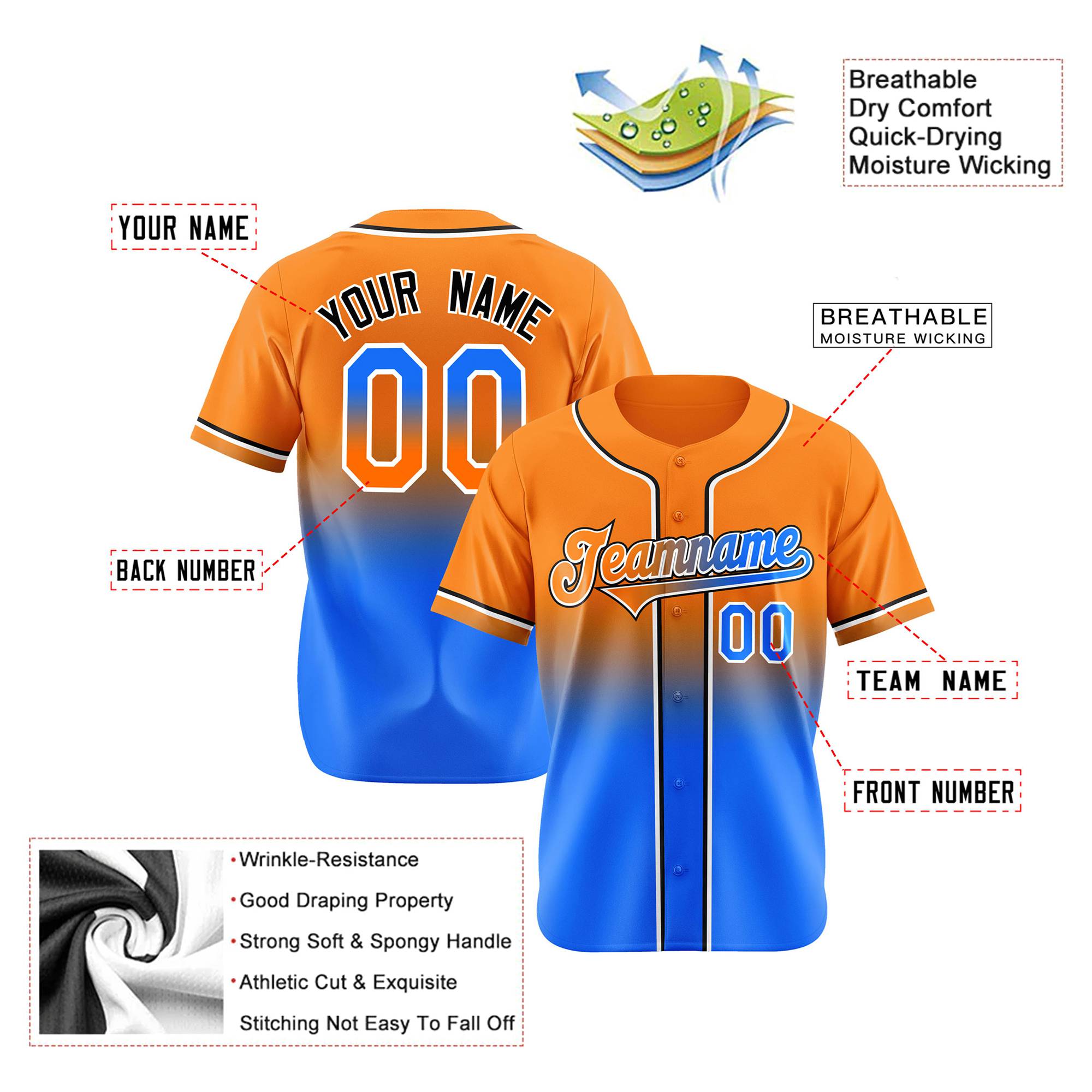 Custom Orange Sky Blue Black Authentic Fade Fashion Baseball Jersey