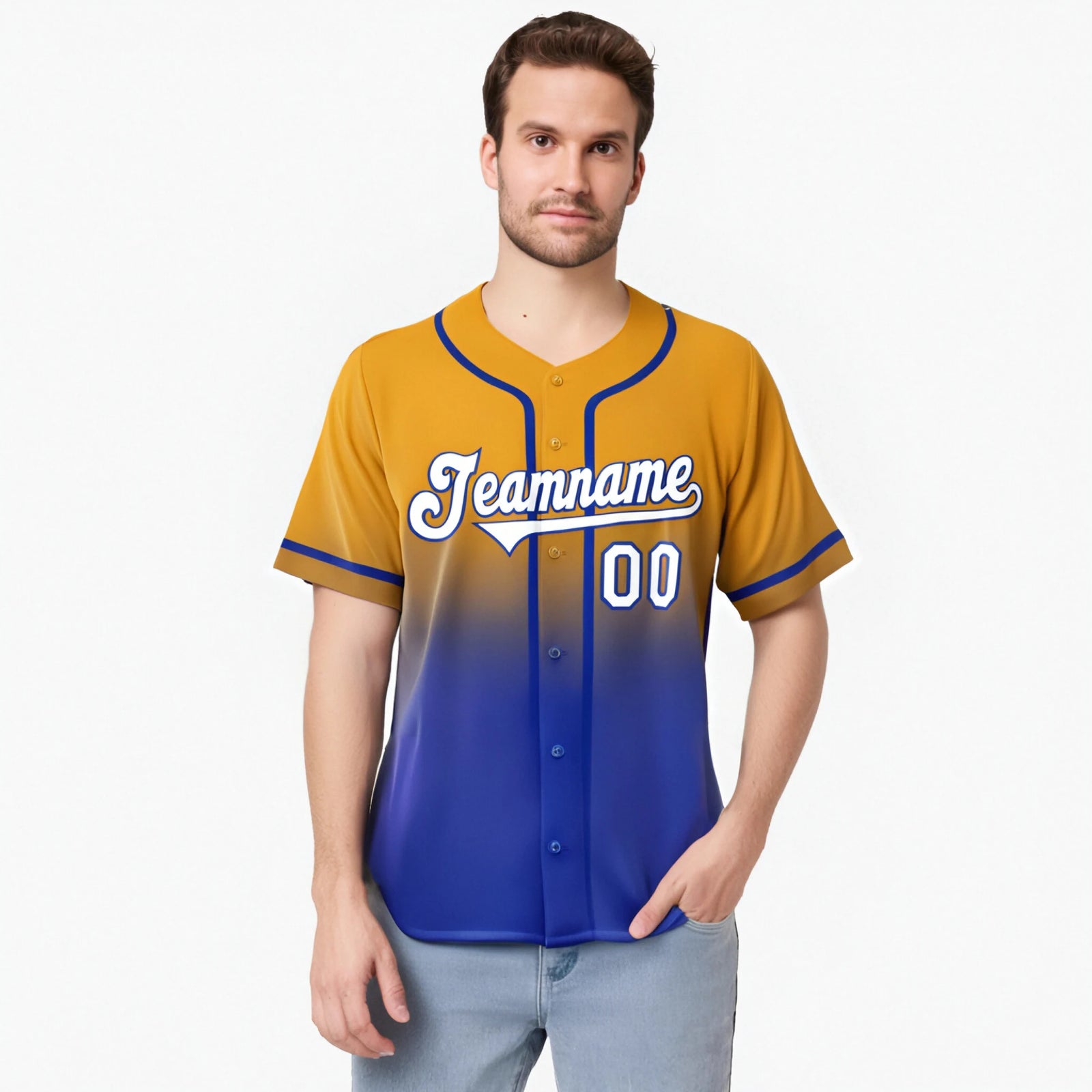 Custom Yellow Blue-White Authentic Fade Fashion Baseball Jersey