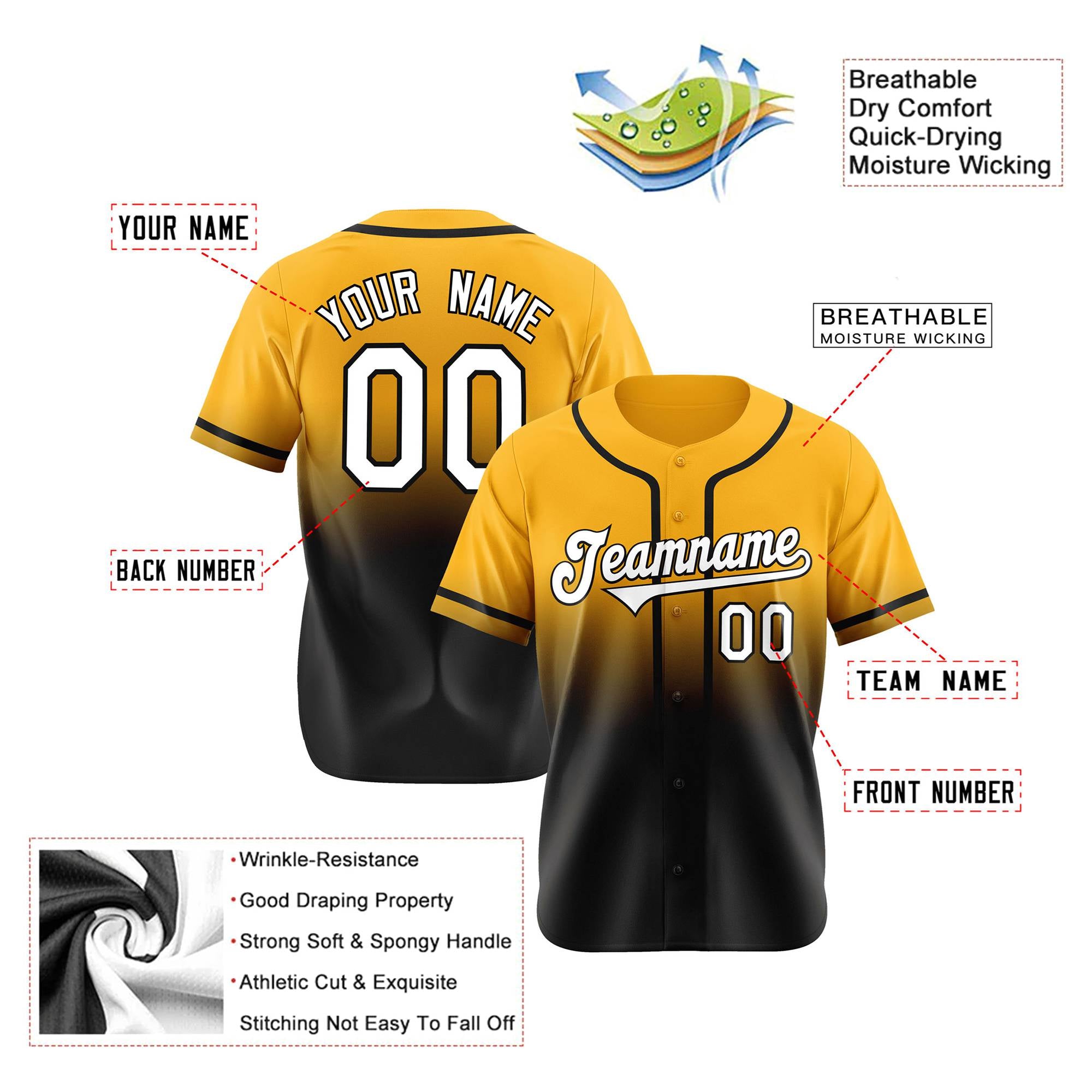 Custom Yellow Black-White Authentic Fade Fashion Baseball Jersey