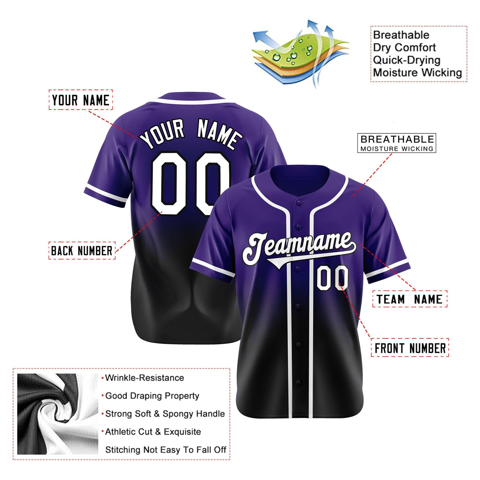 Custom Purple Black-White Authentic Fade Fashion Baseball Jersey
