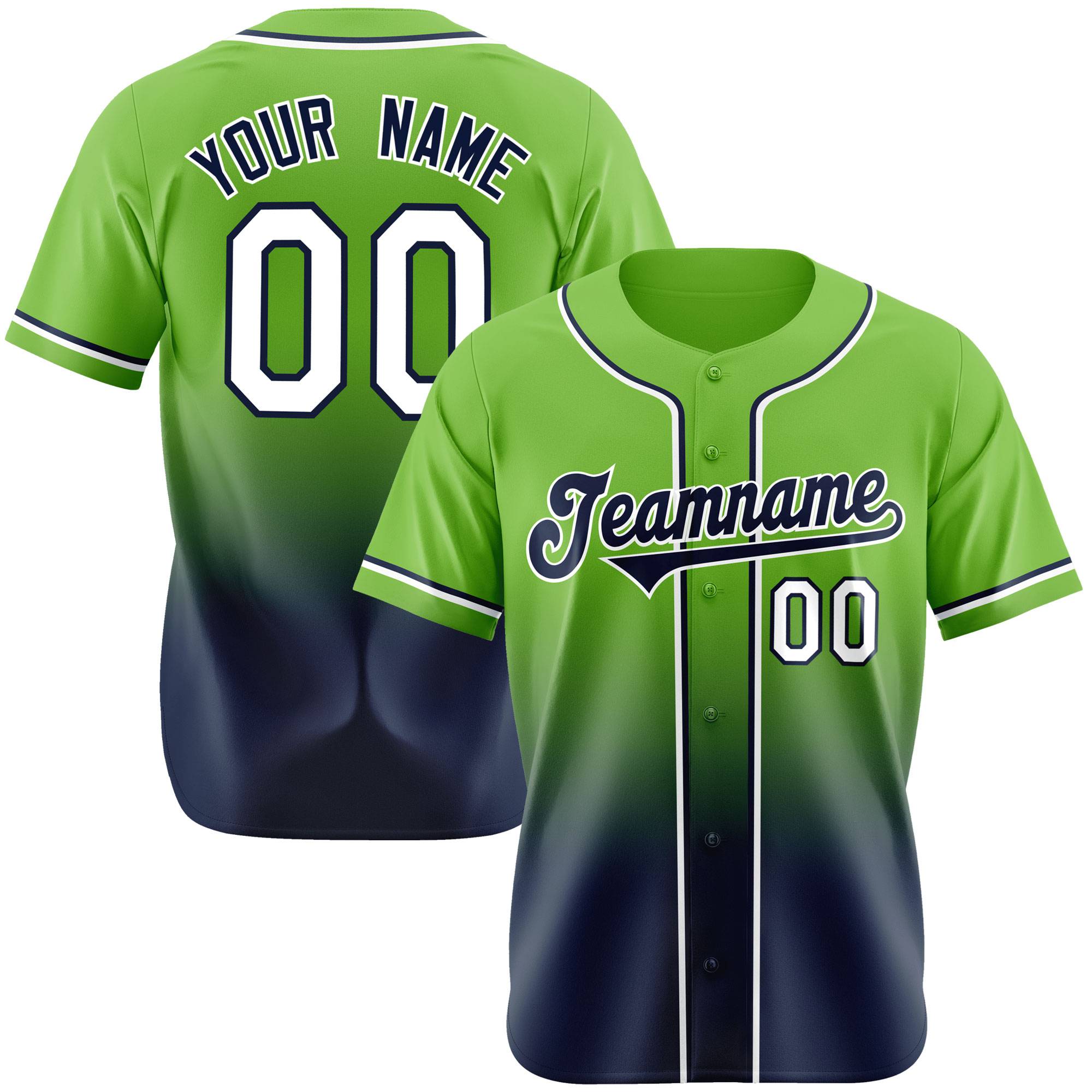 Custom Neon Green Navy-White Authentic Fade Fashion Baseball Jersey