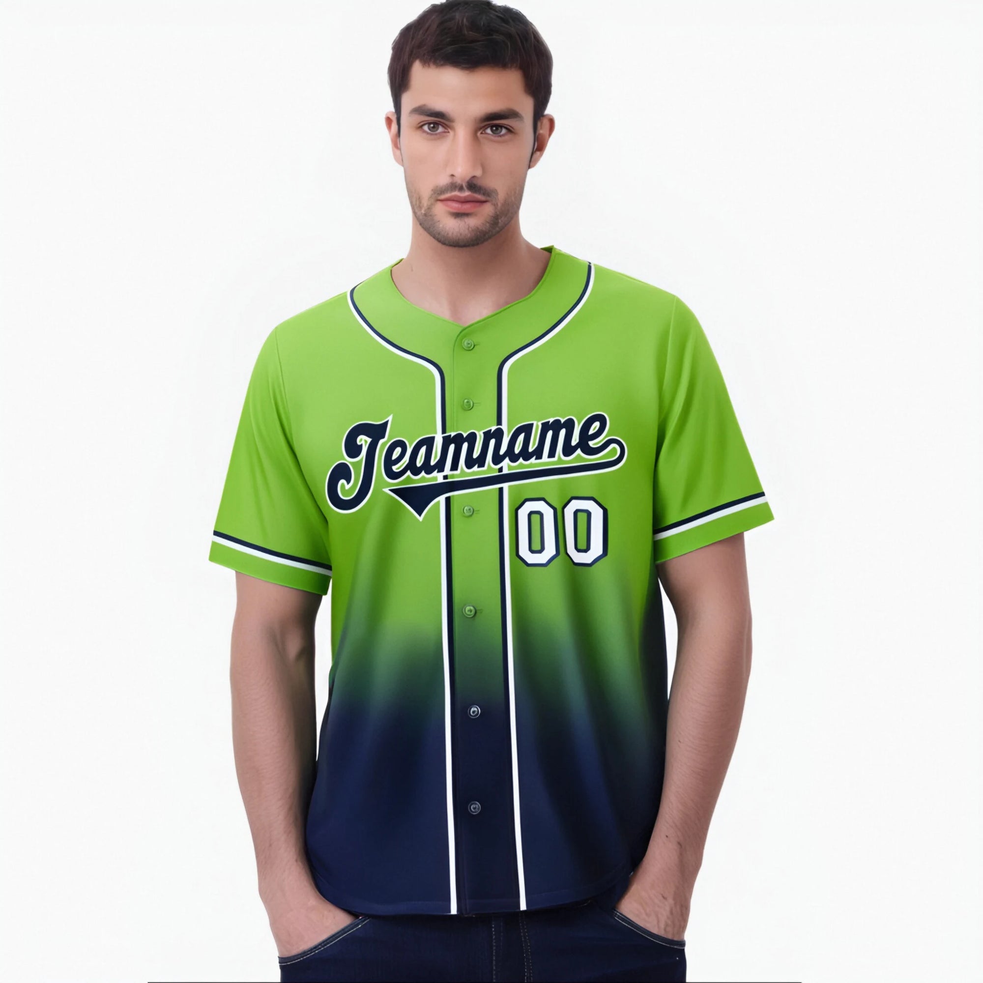 Custom Neon Green Navy-White Authentic Fade Fashion Baseball Jersey